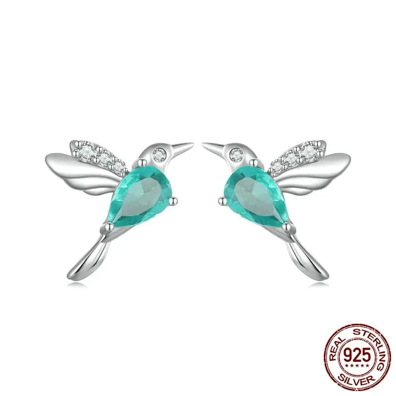 Mint Green Hummingbird 925 Sterling Silver Stud Earrings