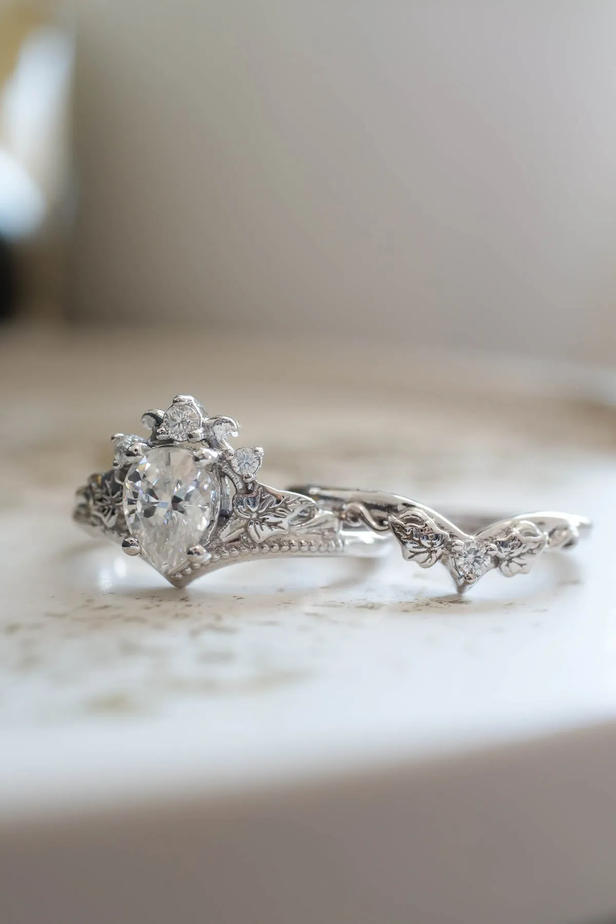 Moissanite engagement ring set, crown shape rings with diamonds / Ariadne