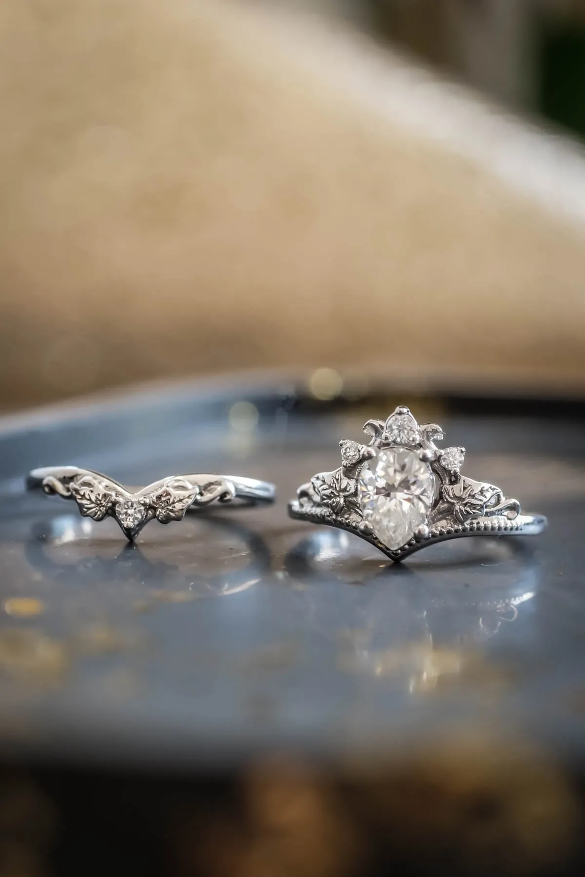 Moissanite engagement ring set, crown shape rings with diamonds / Ariadne