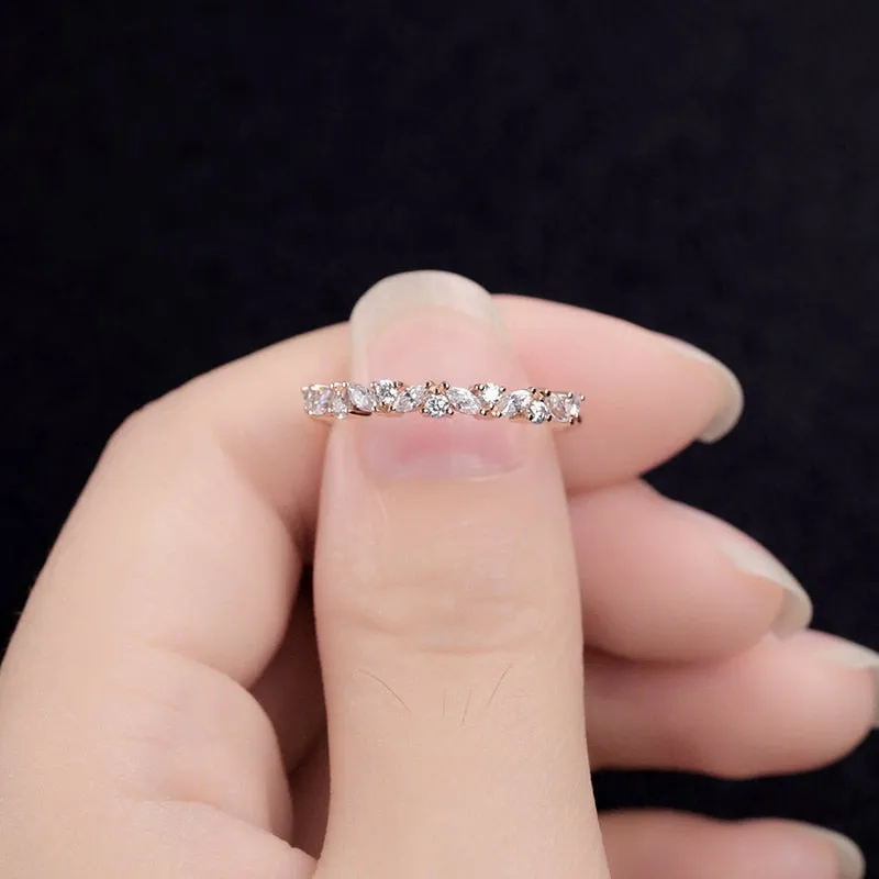 Moissanite Half Eternity Round and Marquise Cut 14K Wedding/Stacking Ring in Yellow Gold, White Gold, RoseGold Pre-Order 3-4 weeks