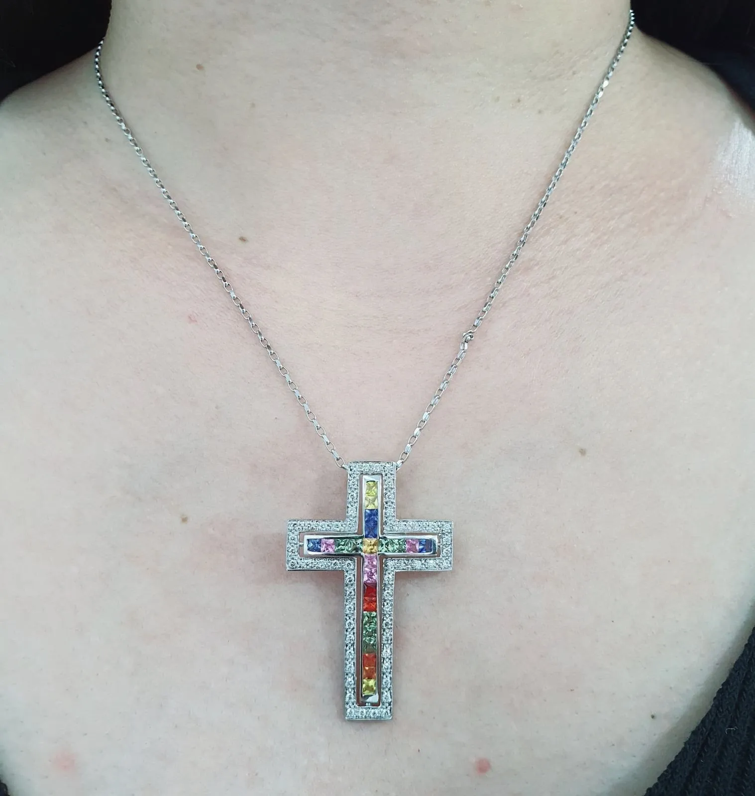 Multi-color Gem Diamond Cross Pendant