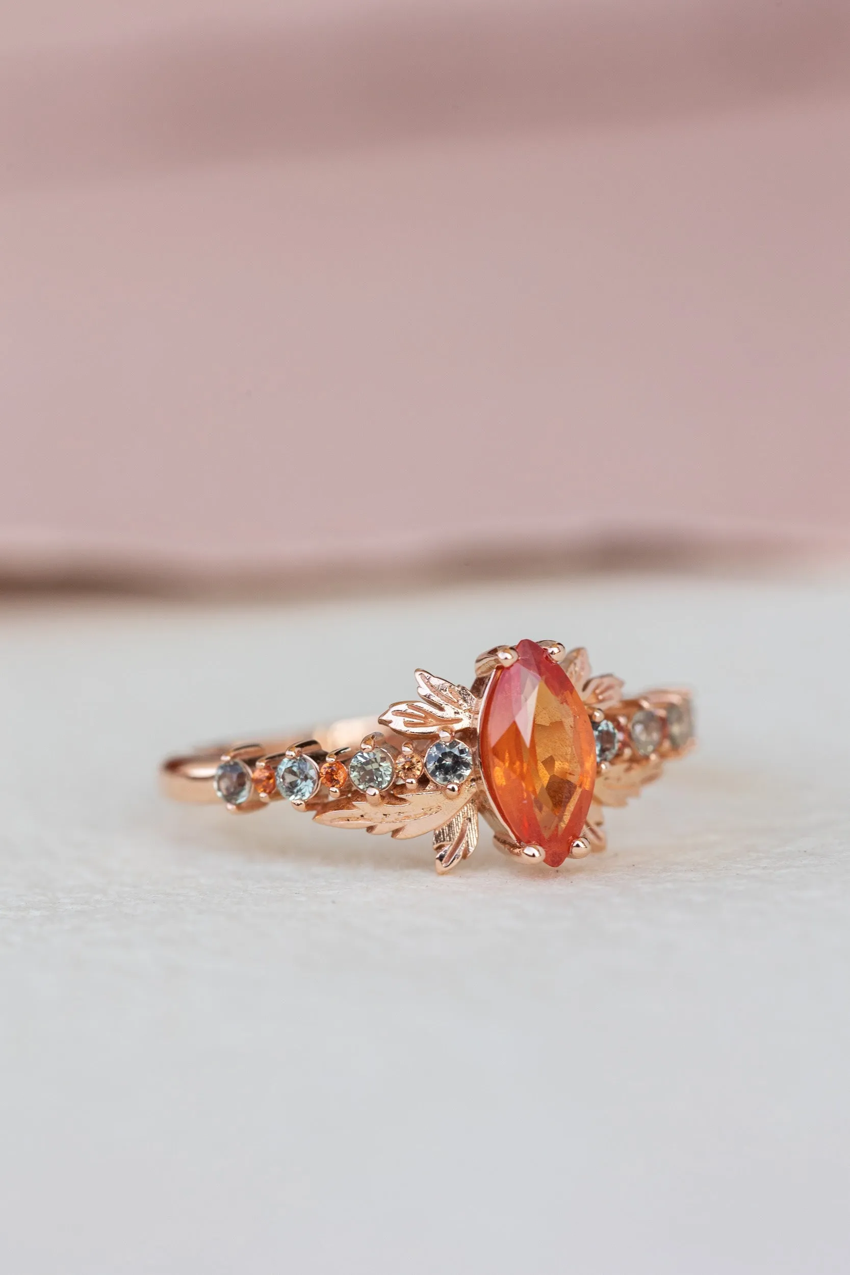 Multi sapphire engagement ring, nature inspired ring with orange sapphire / Verbena