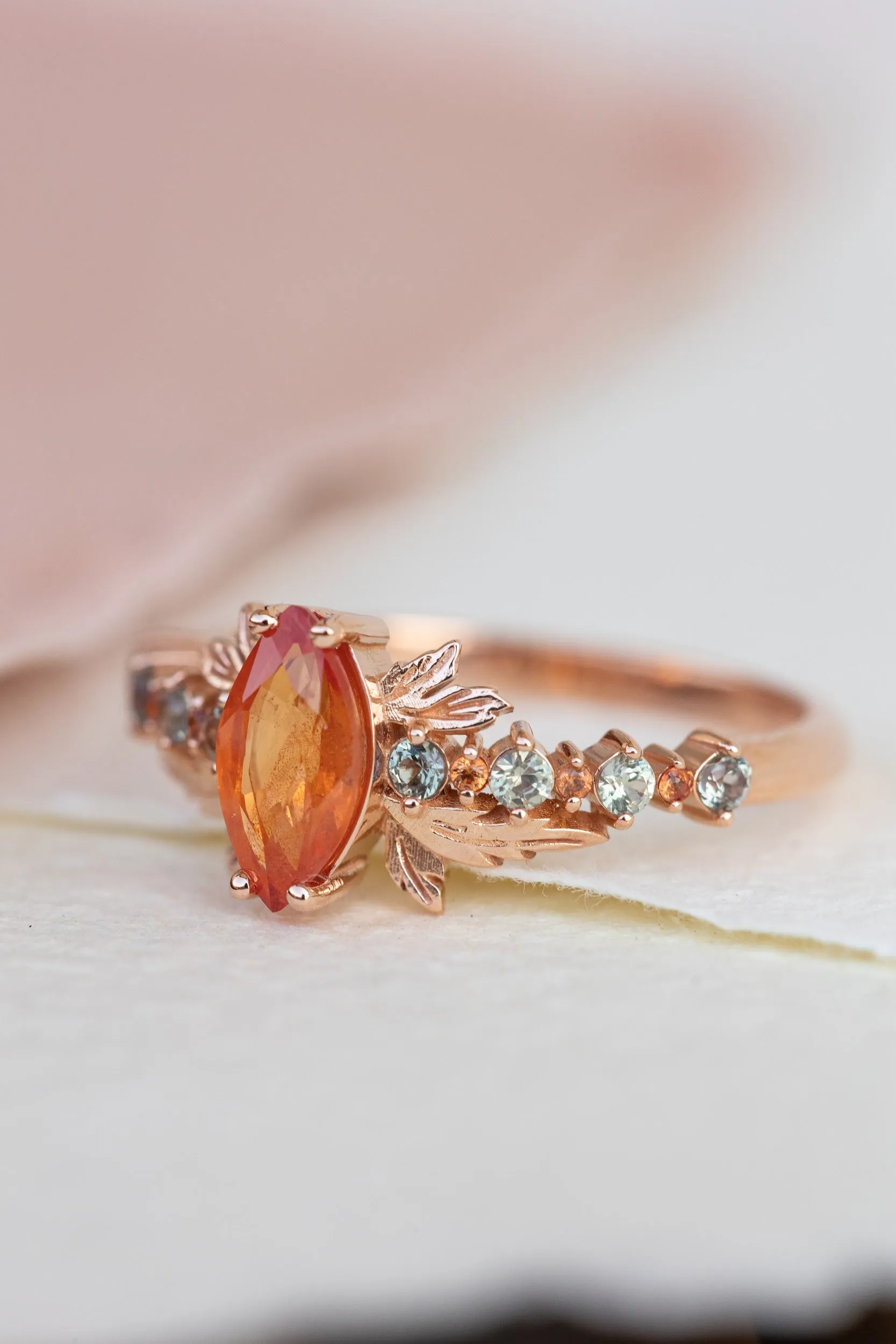 Multi sapphire engagement ring, nature inspired ring with orange sapphire / Verbena