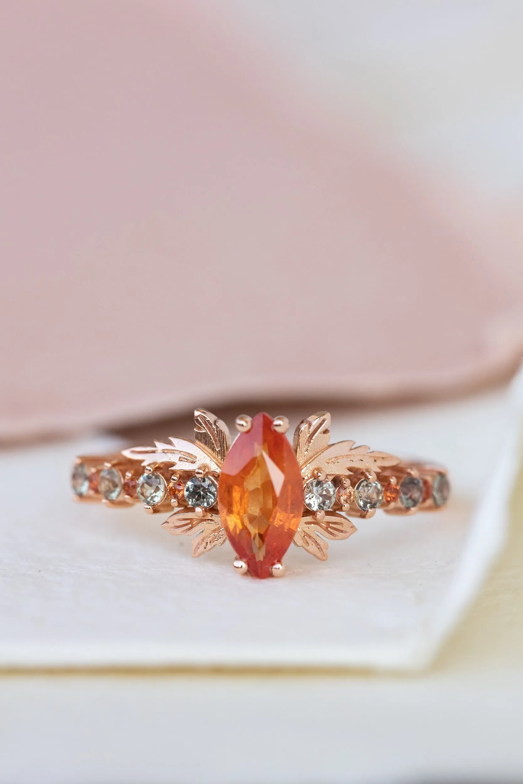 Multi sapphire engagement ring, nature inspired ring with orange sapphire / Verbena