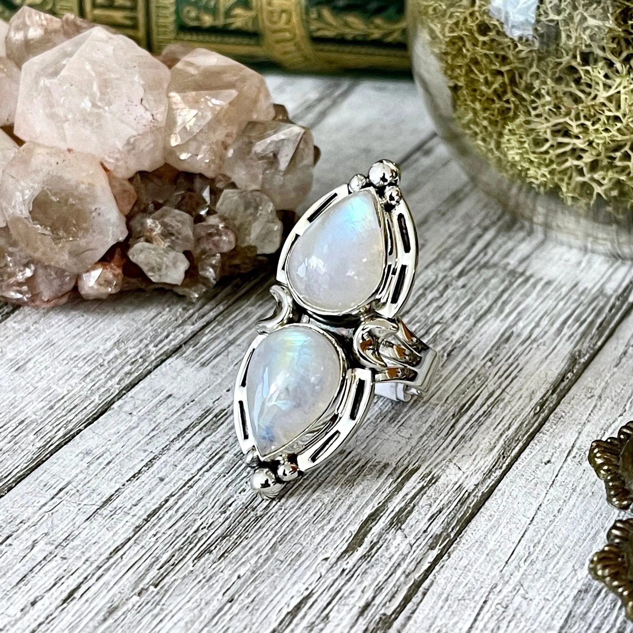 Mystic Moons Rainbow Moonstone Crystal Ring in Solid Sterling Silver- Designed by FOXLARK Collection Size 5 6 7 8 9 10 11 / Gothic Jewelry