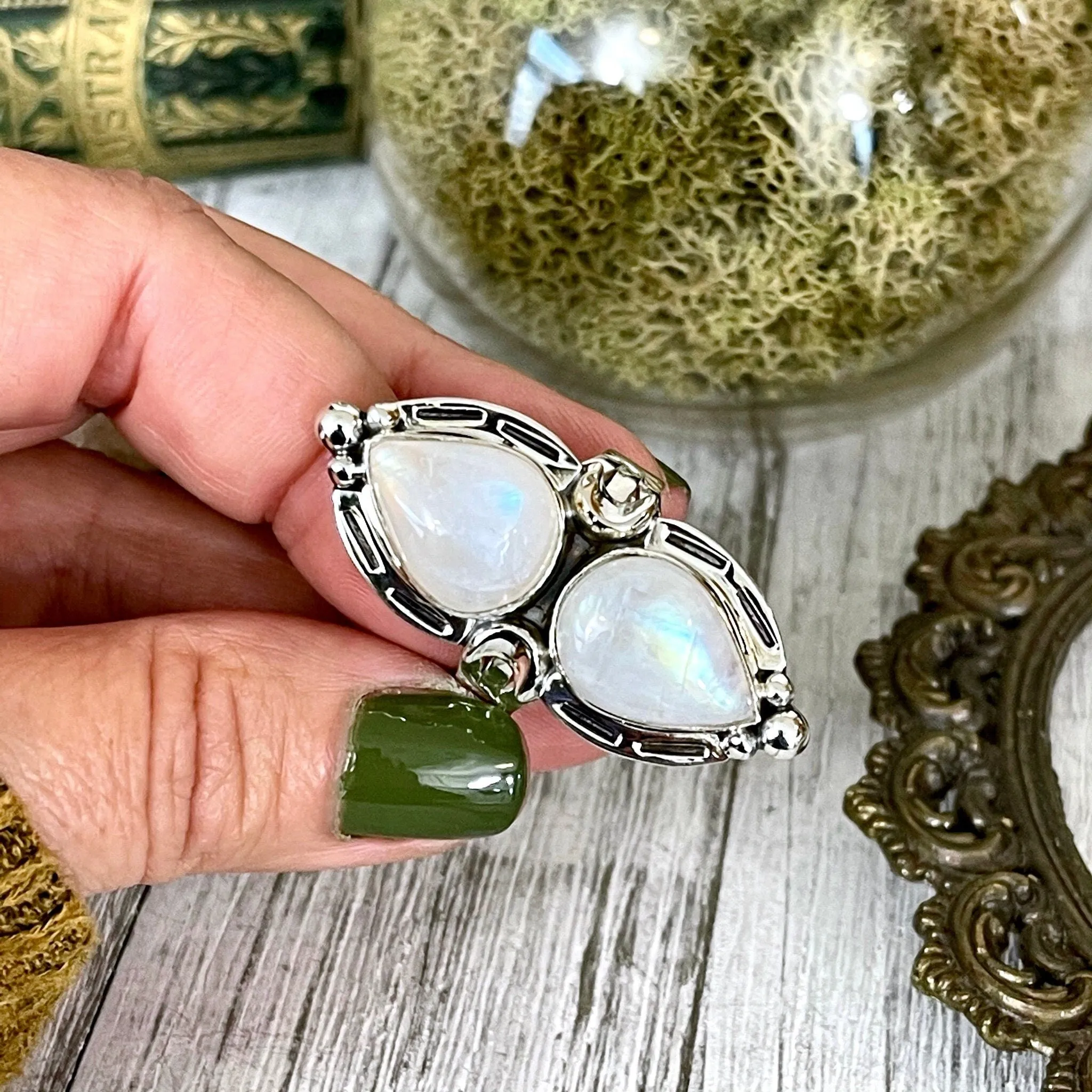 Mystic Moons Rainbow Moonstone Crystal Ring in Solid Sterling Silver- Designed by FOXLARK Collection Size 5 6 7 8 9 10 11 / Gothic Jewelry