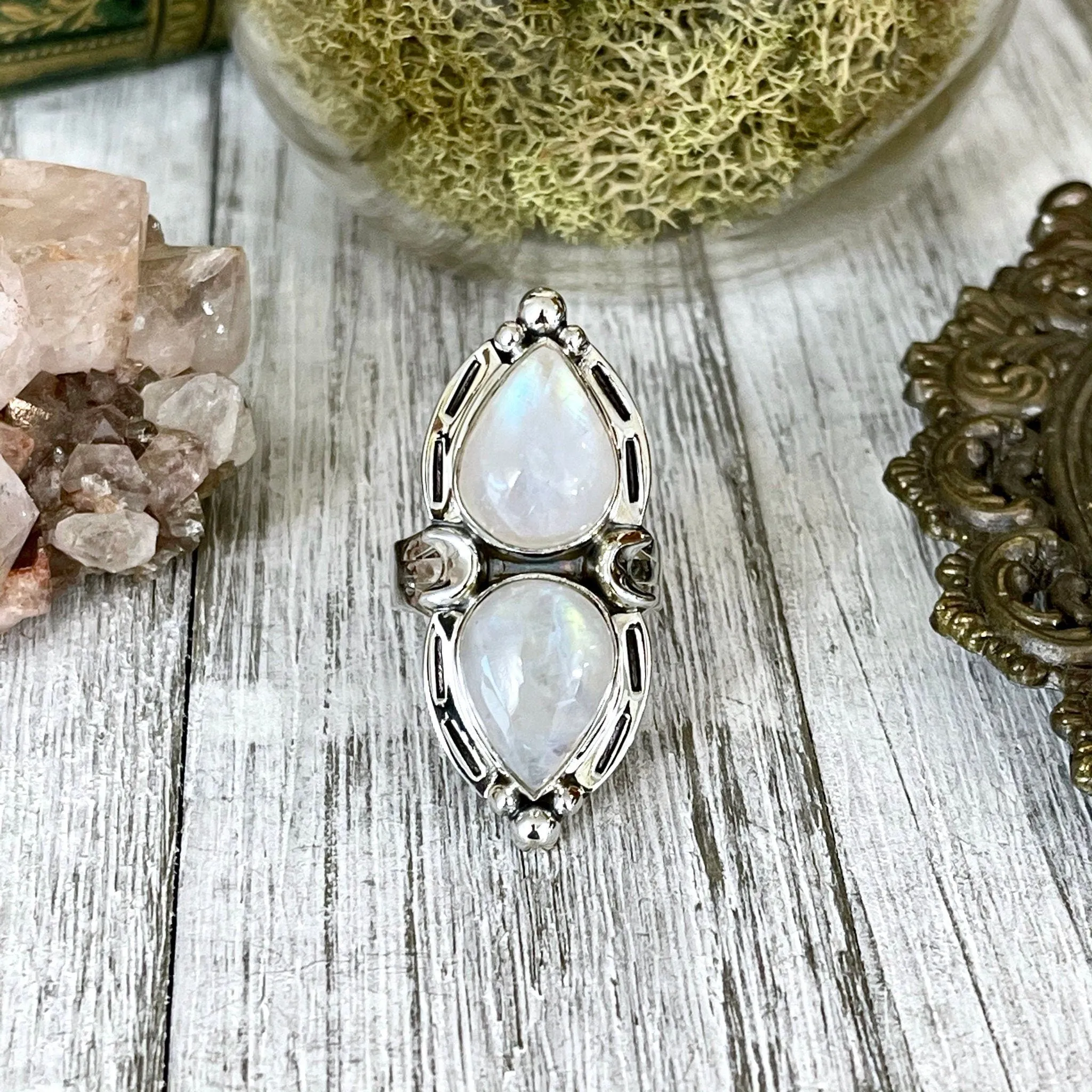 Mystic Moons Rainbow Moonstone Crystal Ring in Solid Sterling Silver- Designed by FOXLARK Collection Size 5 6 7 8 9 10 11 / Gothic Jewelry