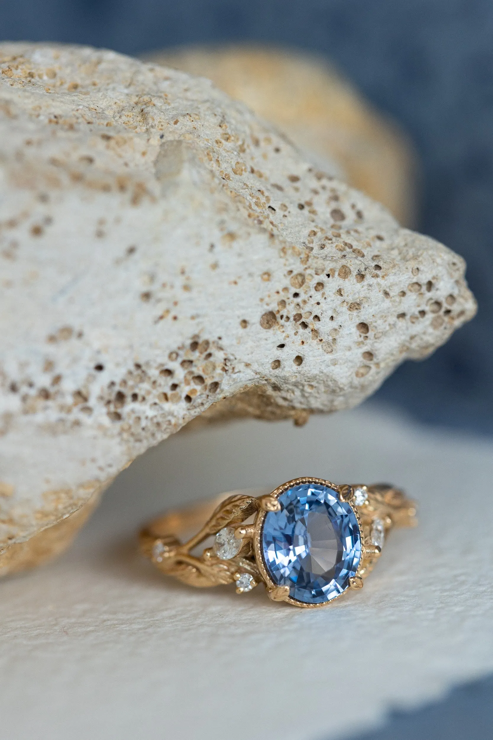 Natural blue sapphire engagement ring, gold leaves and diamonds promise ring / Patricia