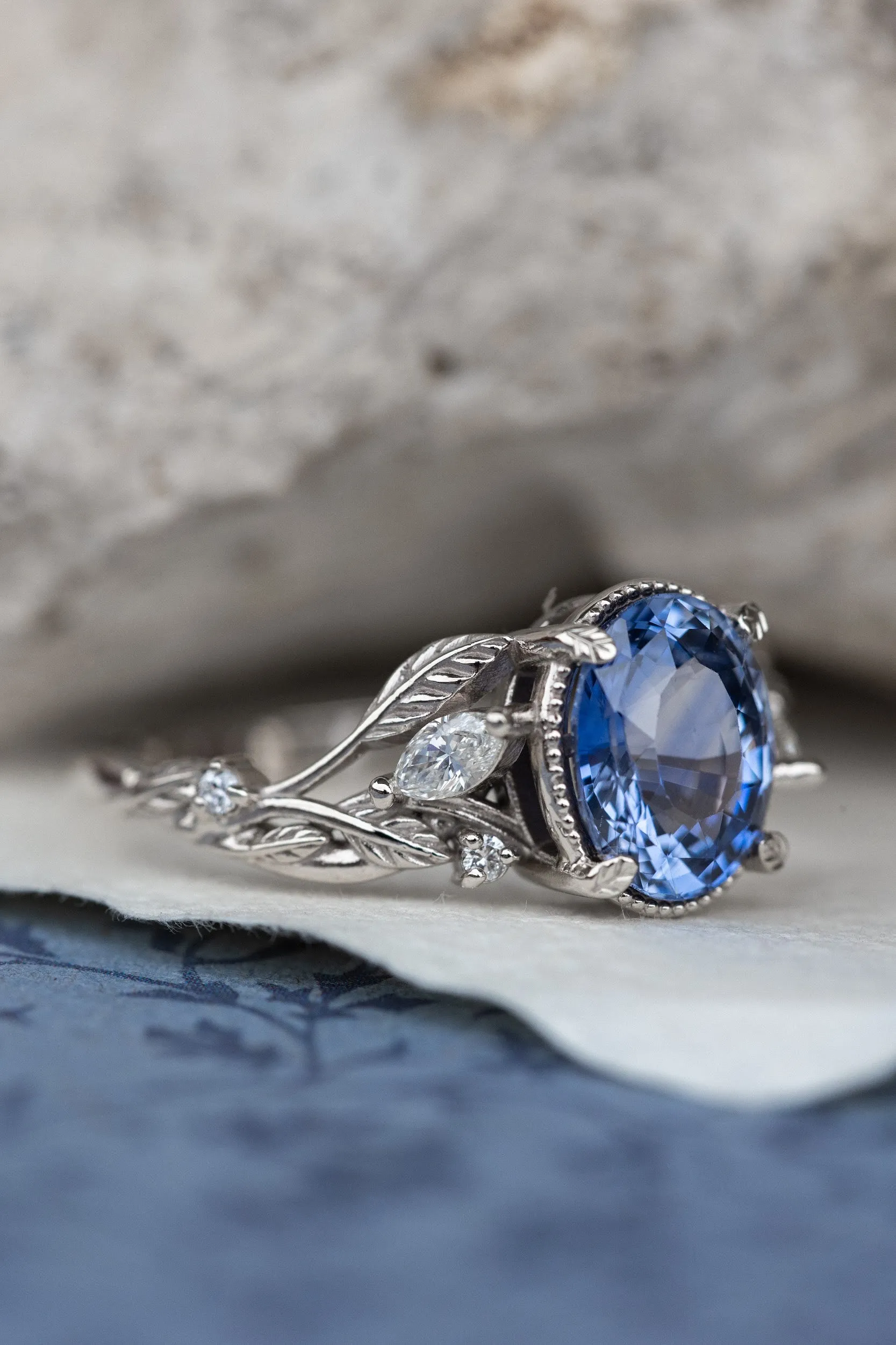 Natural blue sapphire engagement ring, gold leaves and diamonds promise ring / Patricia