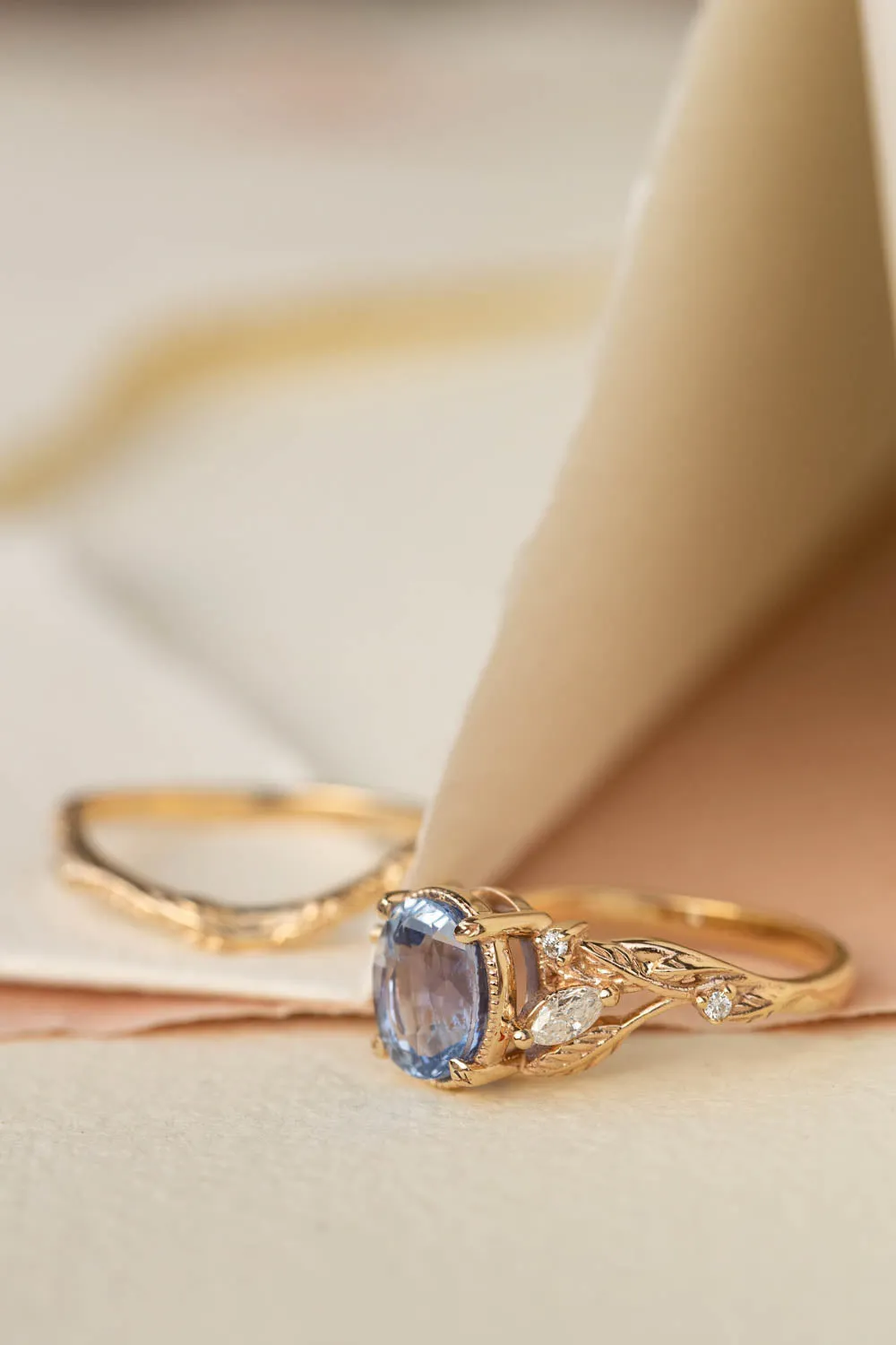 Natural blue sapphire engagement ring, gold leaves and diamonds promise ring / Patricia