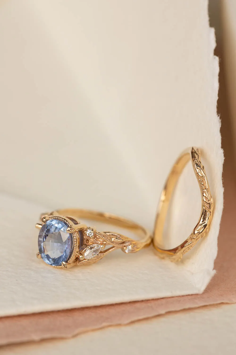 Natural blue sapphire engagement ring, gold leaves and diamonds promise ring / Patricia