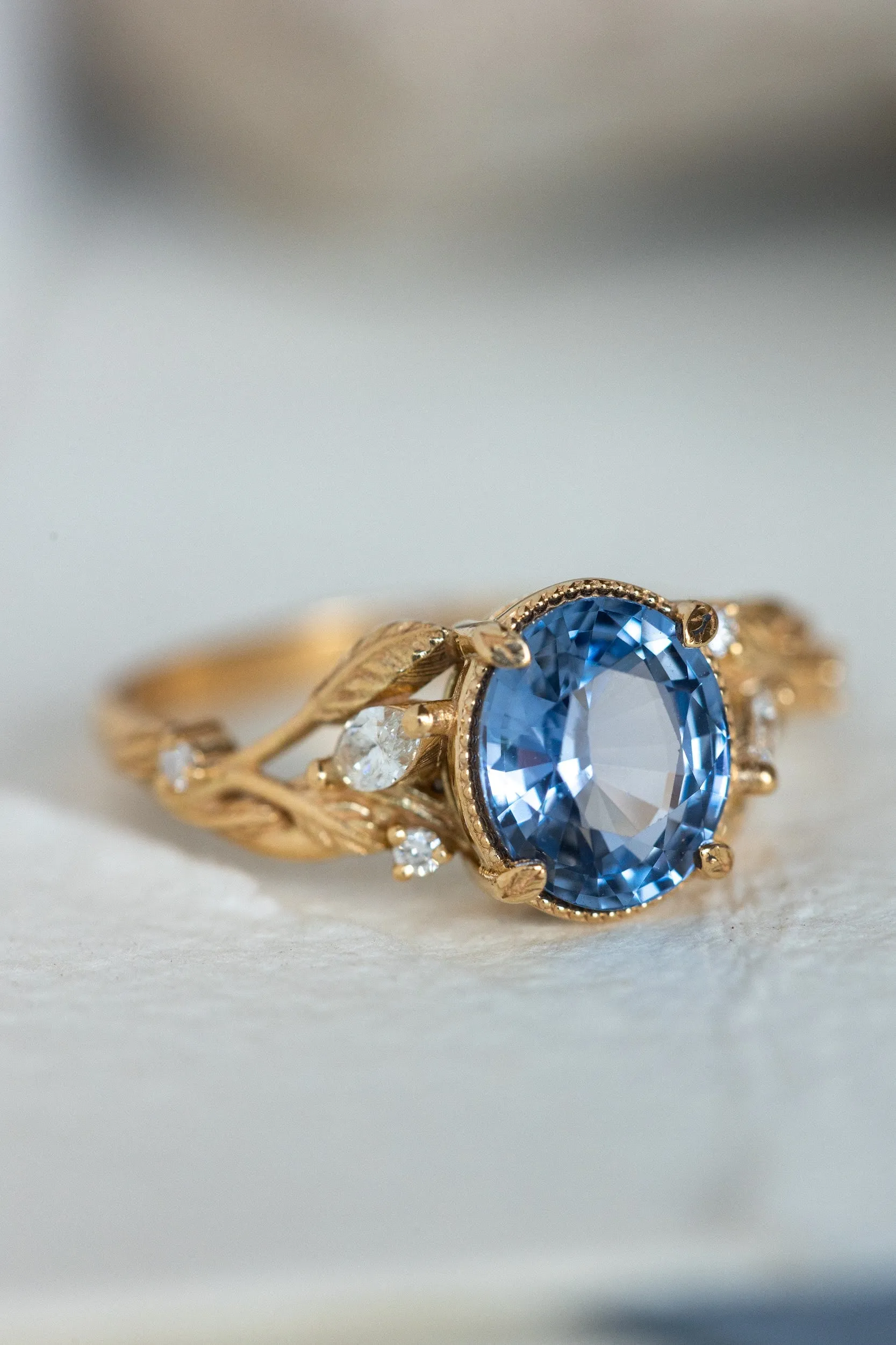 Natural blue sapphire engagement ring, gold leaves and diamonds promise ring / Patricia