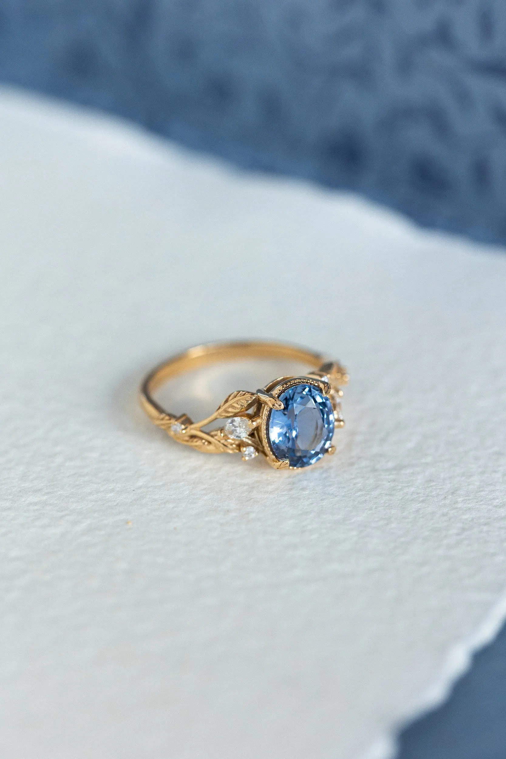 Natural blue sapphire engagement ring, gold leaves and diamonds promise ring / Patricia