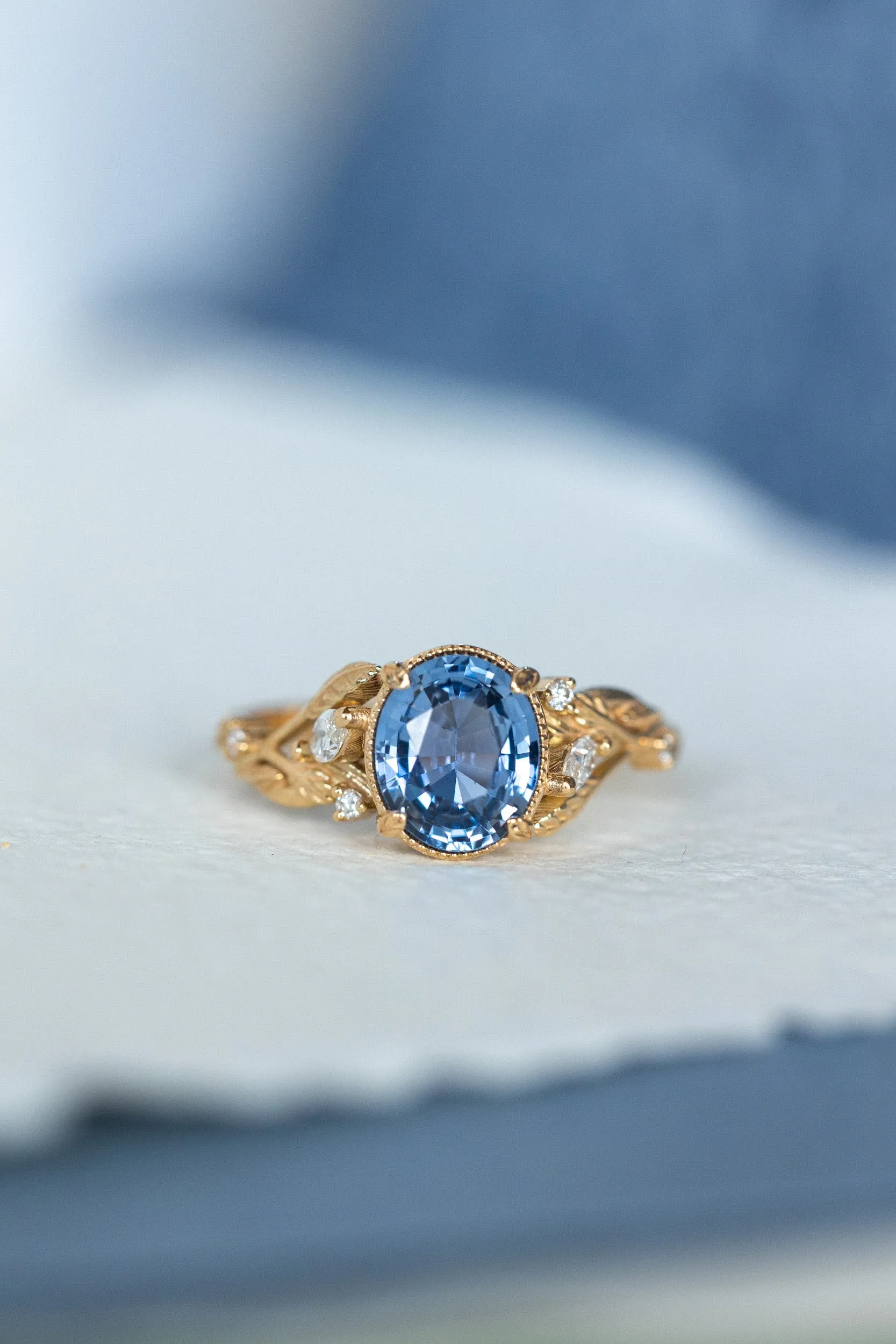 Natural blue sapphire engagement ring, gold leaves and diamonds promise ring / Patricia