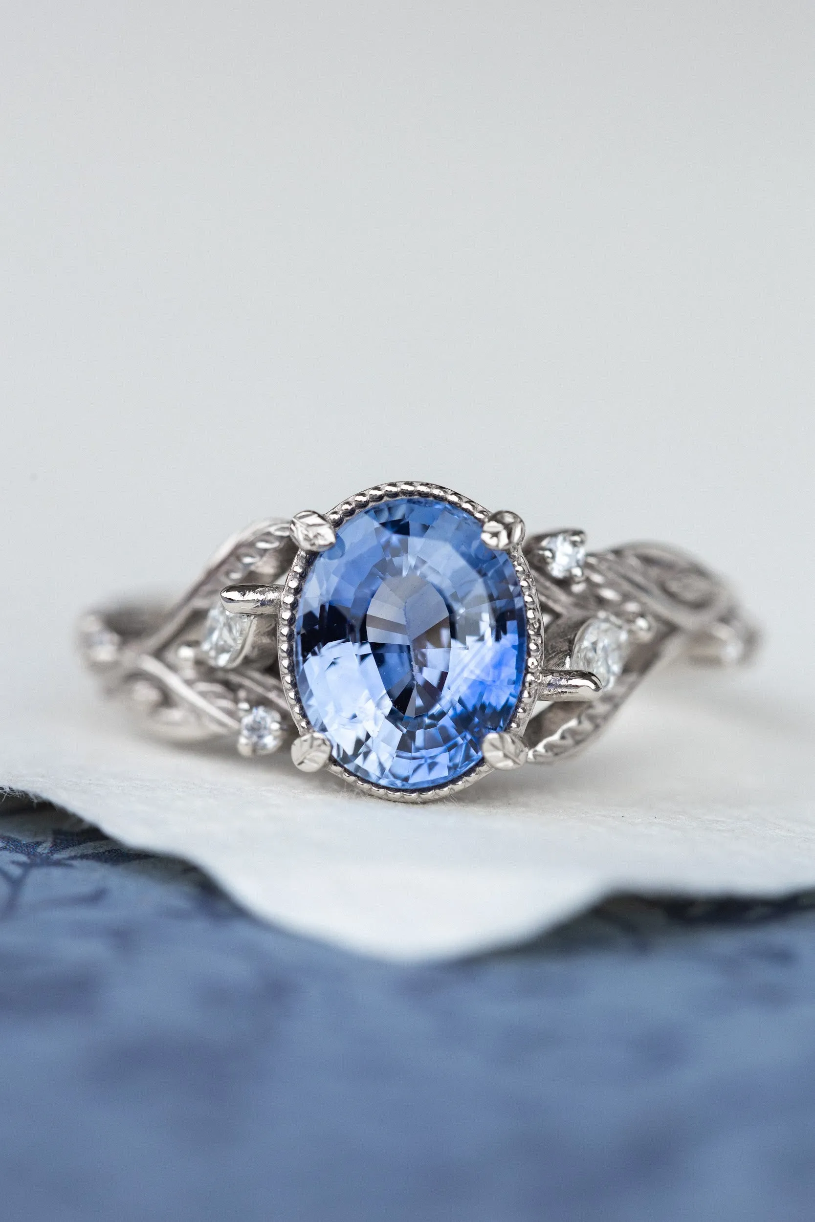 Natural blue sapphire engagement ring, gold leaves and diamonds promise ring / Patricia