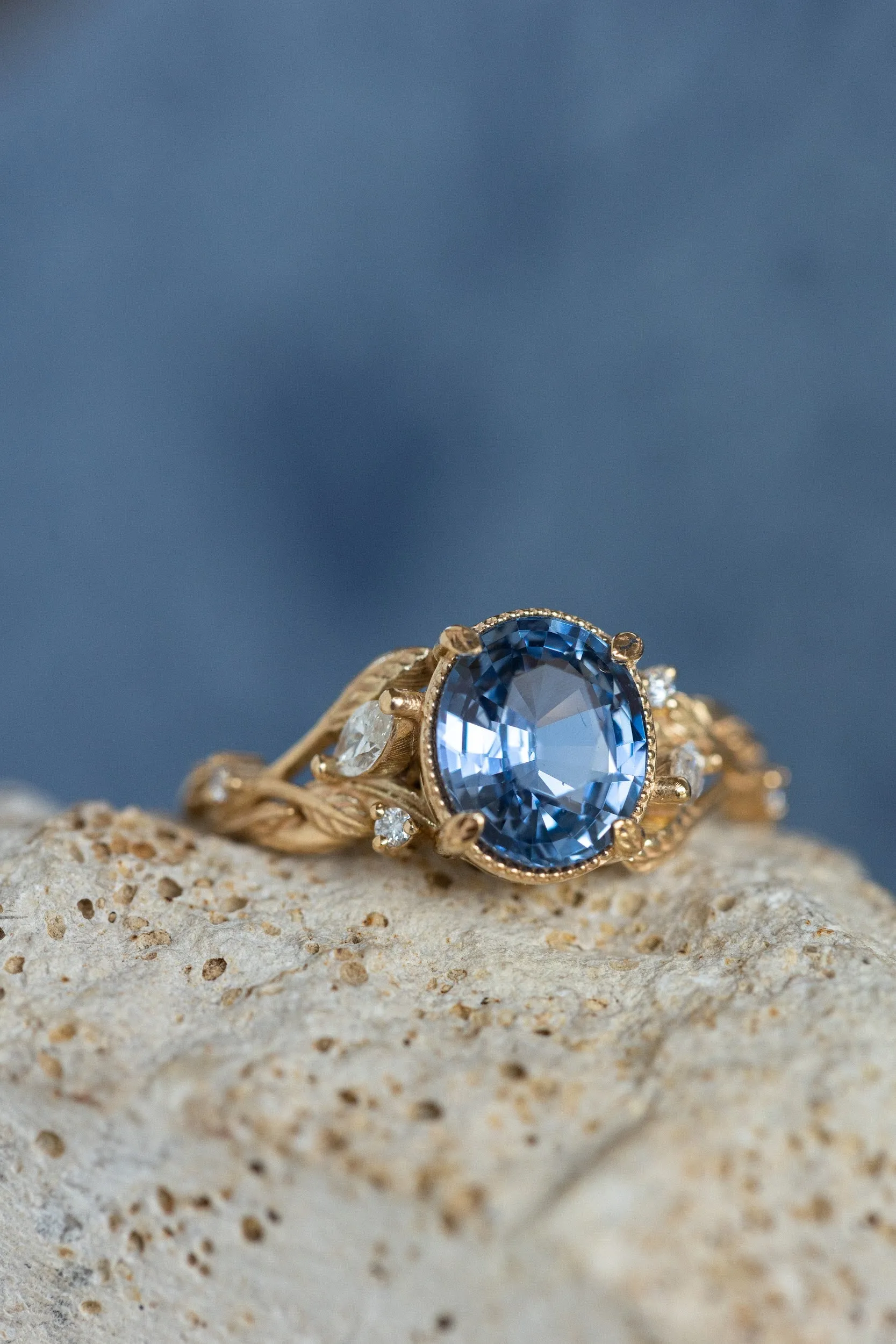 Natural blue sapphire engagement ring, gold leaves and diamonds promise ring / Patricia