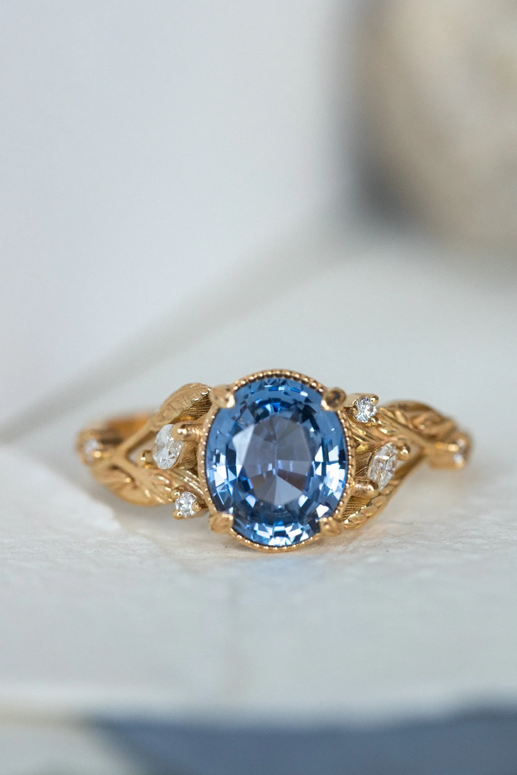 Natural blue sapphire engagement ring, gold leaves and diamonds promise ring / Patricia