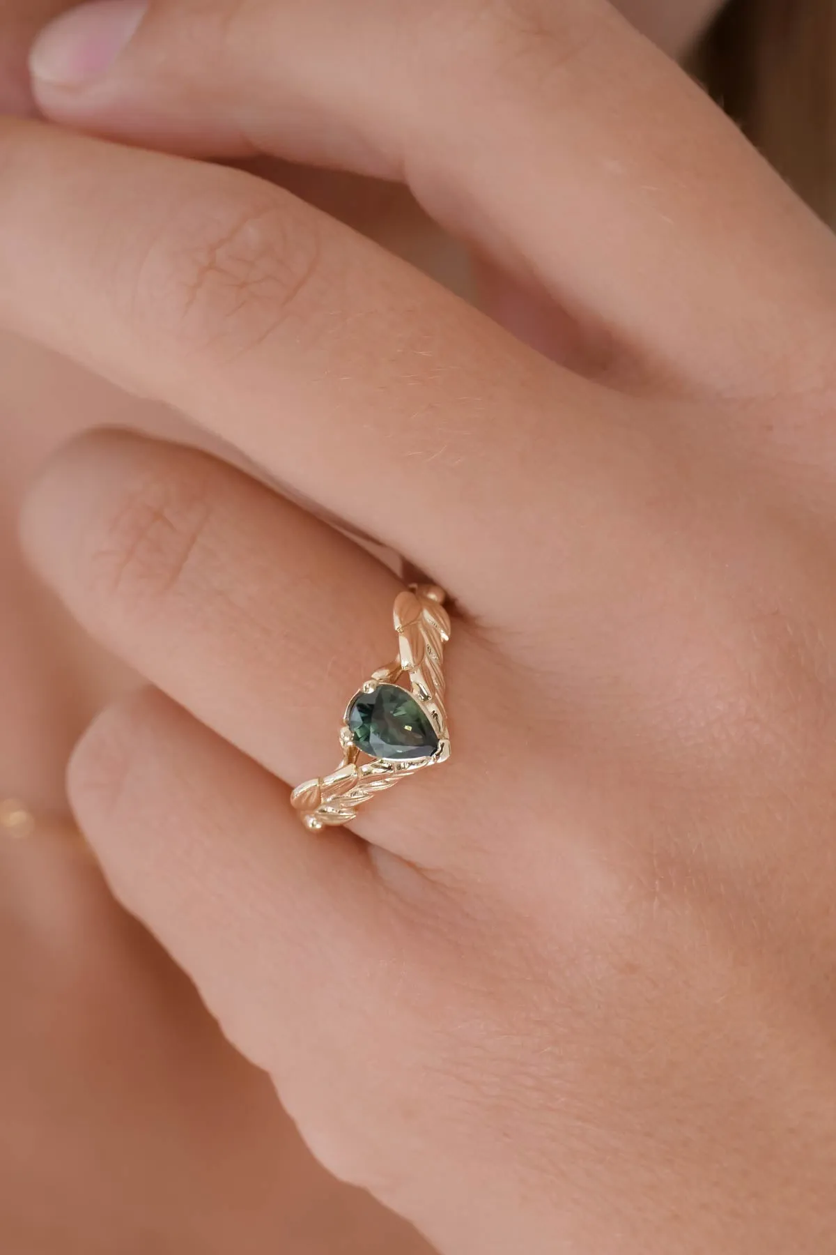 Natural green sapphire engagement ring, gold palm leaves ring with pear cut gemstone / Palmira