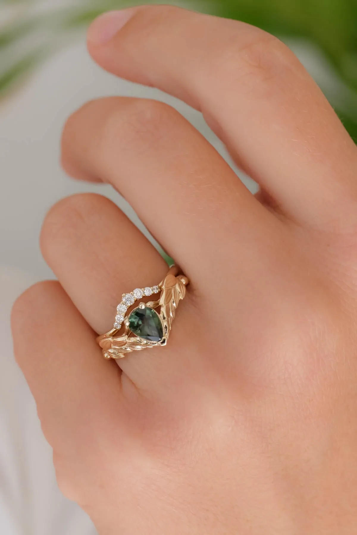 Natural green sapphire engagement ring, gold palm leaves ring with pear cut gemstone / Palmira