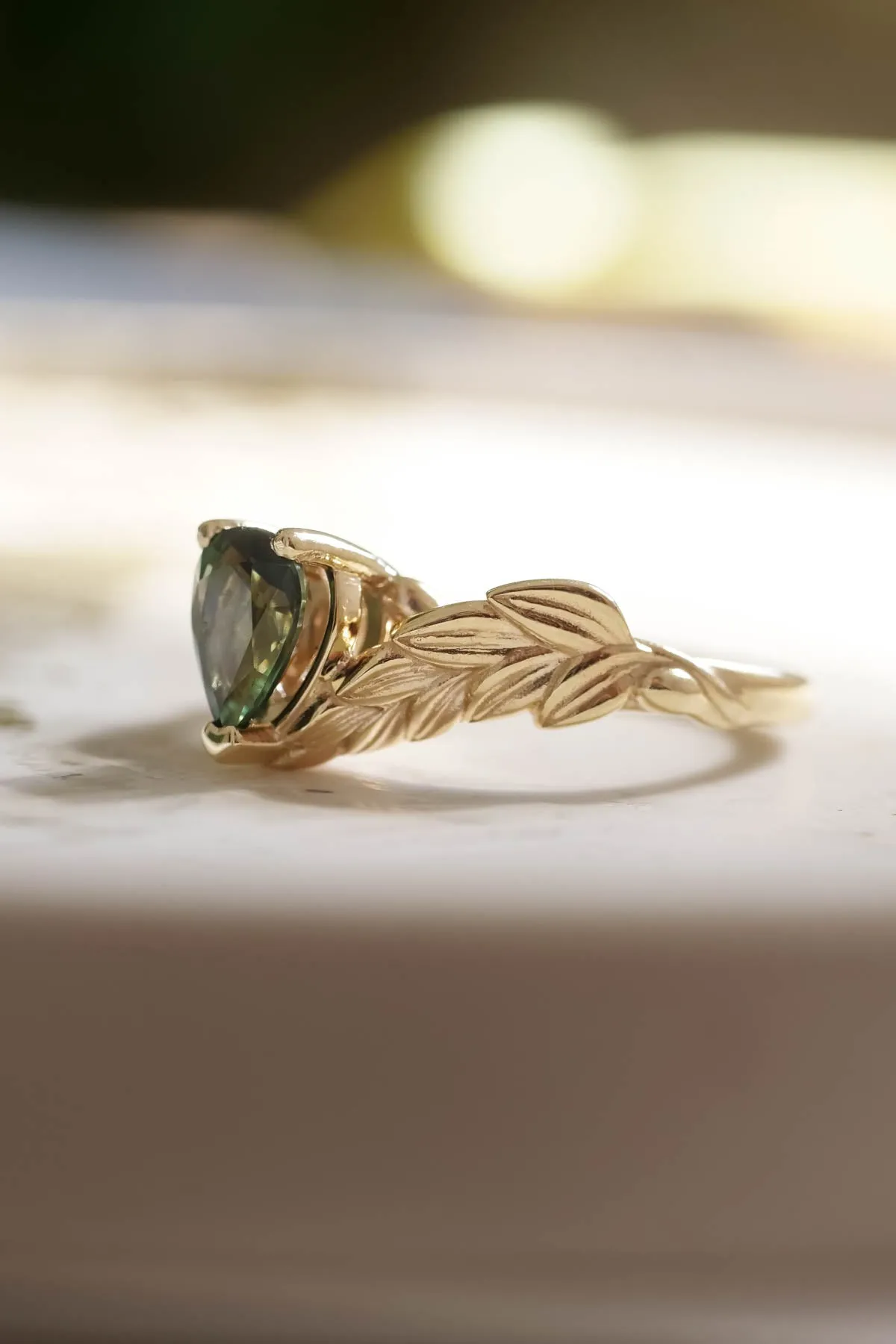 Natural green sapphire engagement ring, gold palm leaves ring with pear cut gemstone / Palmira