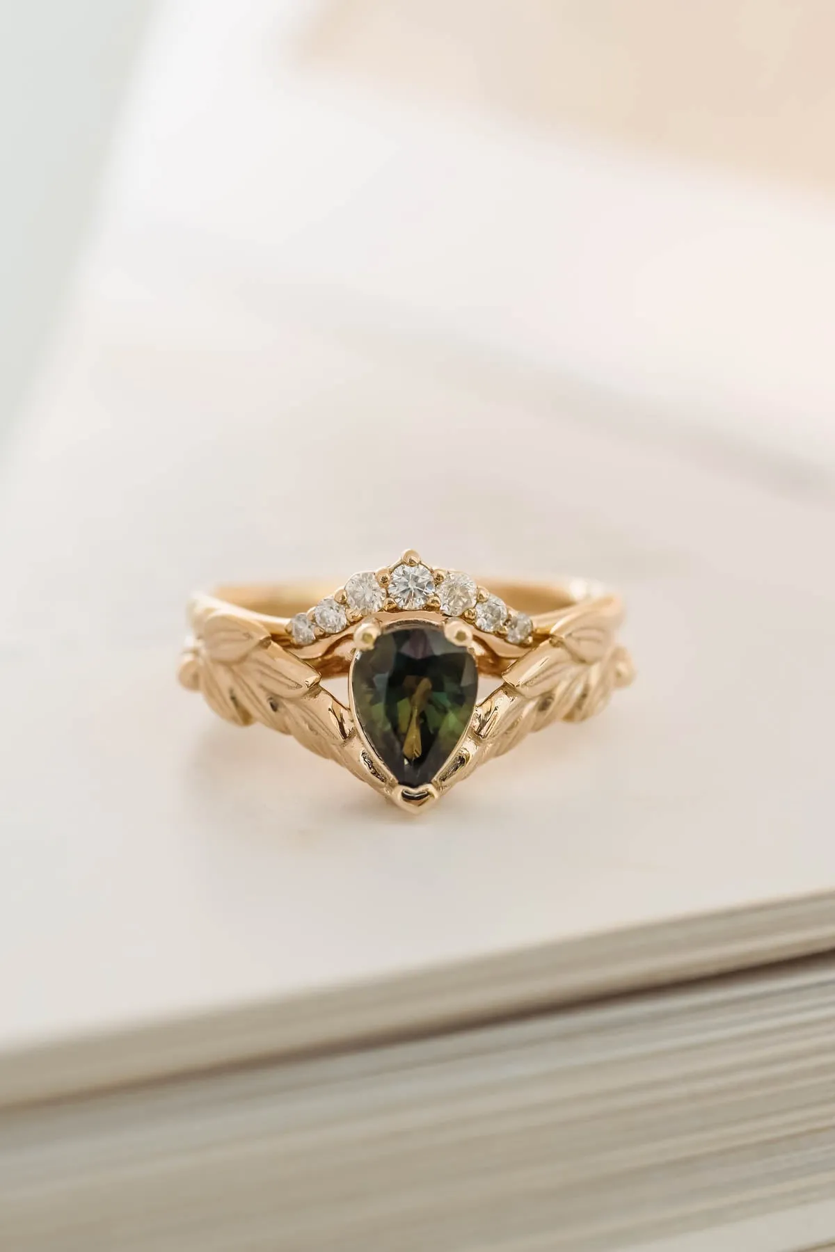 Natural green sapphire engagement ring, gold palm leaves ring with pear cut gemstone / Palmira