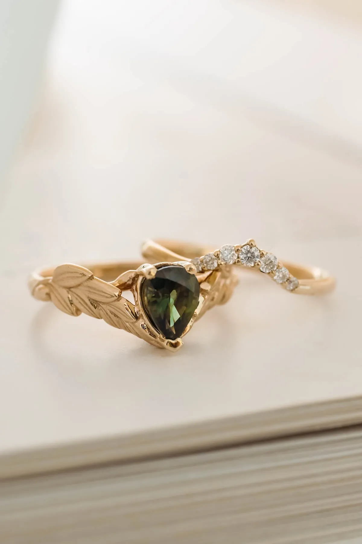 Natural green sapphire engagement ring, gold palm leaves ring with pear cut gemstone / Palmira