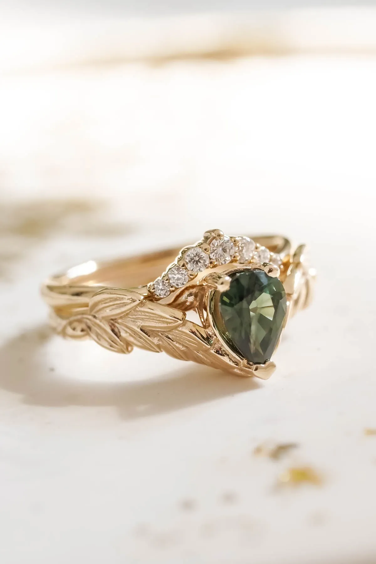 Natural green sapphire engagement ring, gold palm leaves ring with pear cut gemstone / Palmira