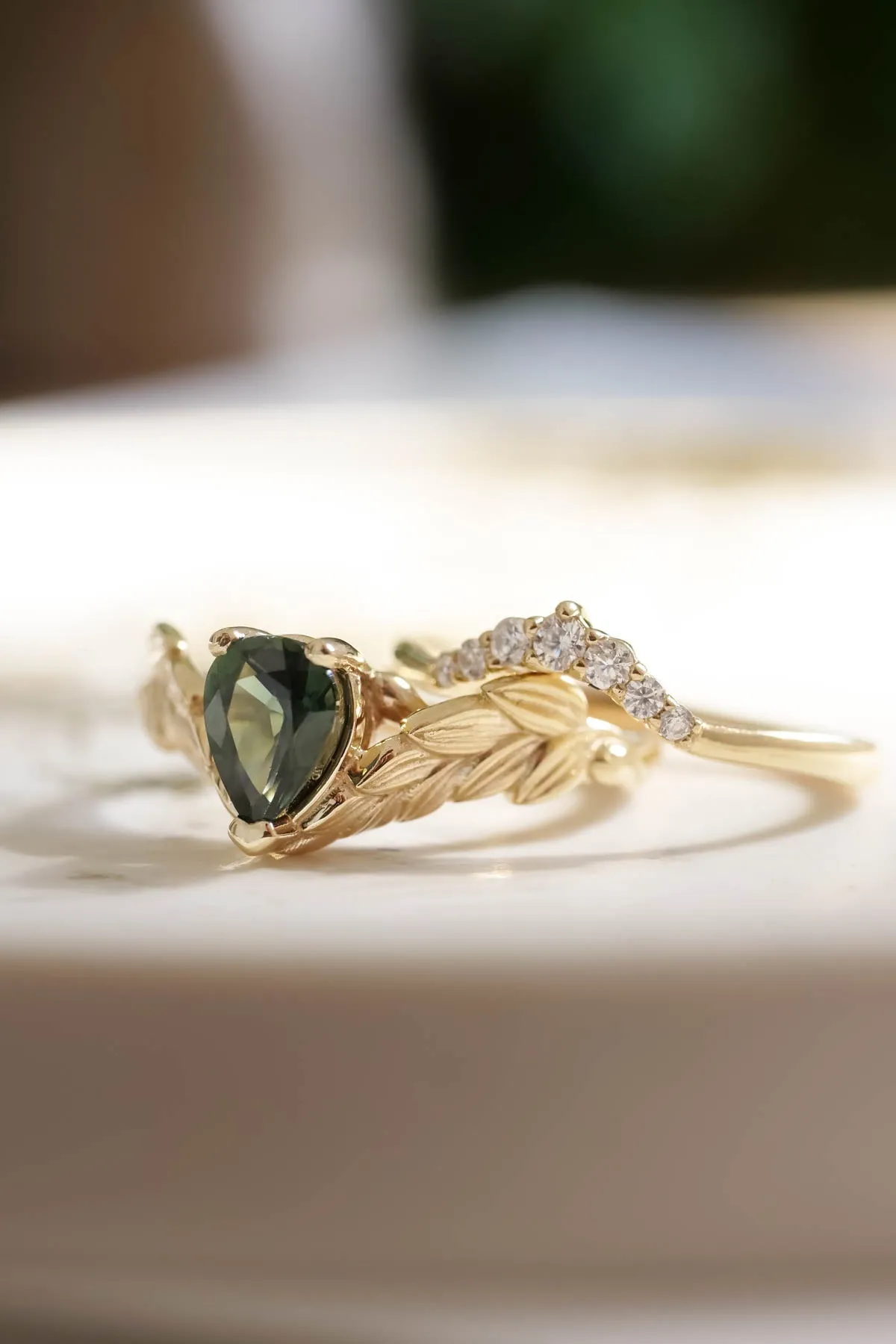 Natural green sapphire engagement ring, gold palm leaves ring with pear cut gemstone / Palmira