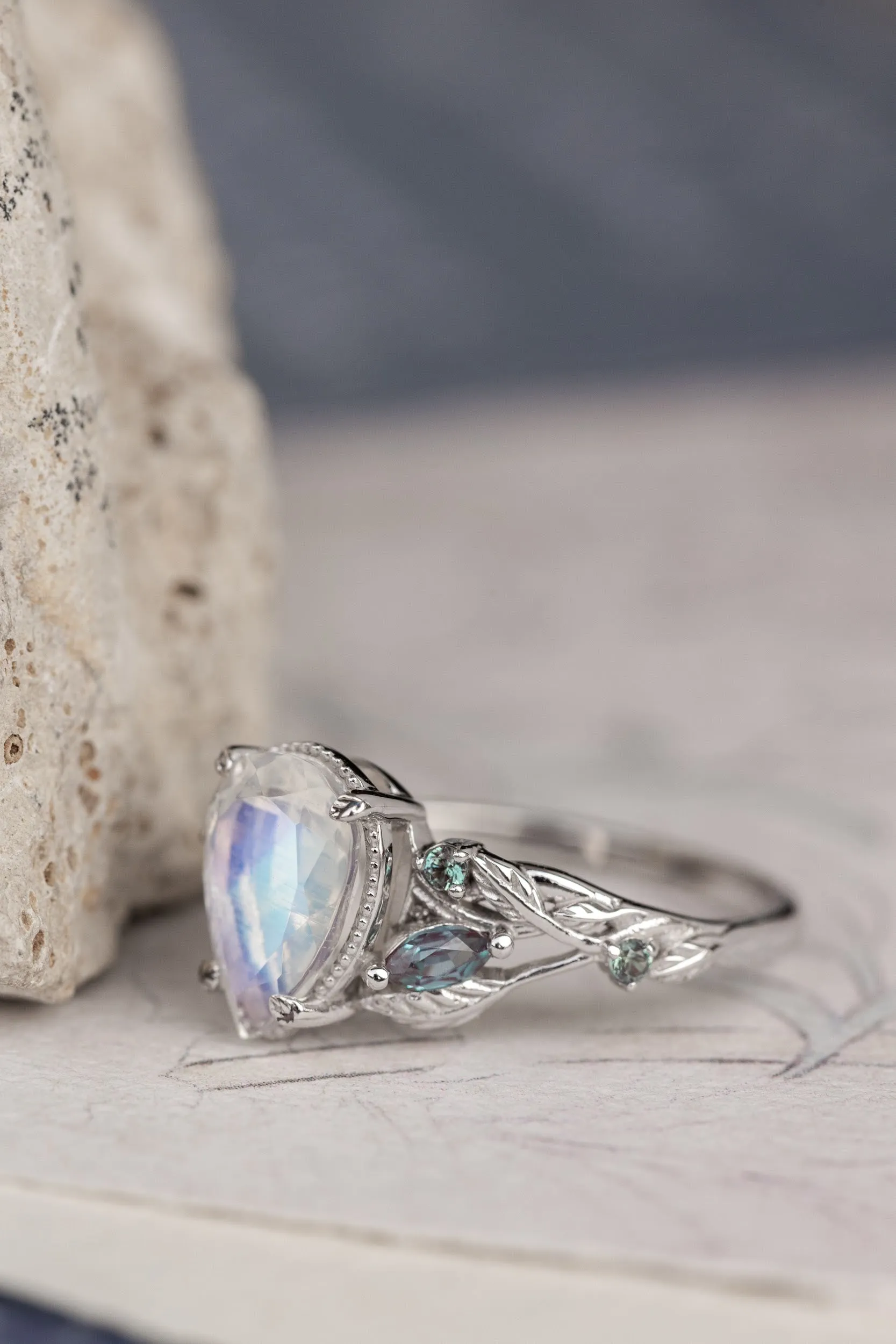 Natural moonstone and accent alexandrites engagement ring, vines and leaves white gold ring / Patricia