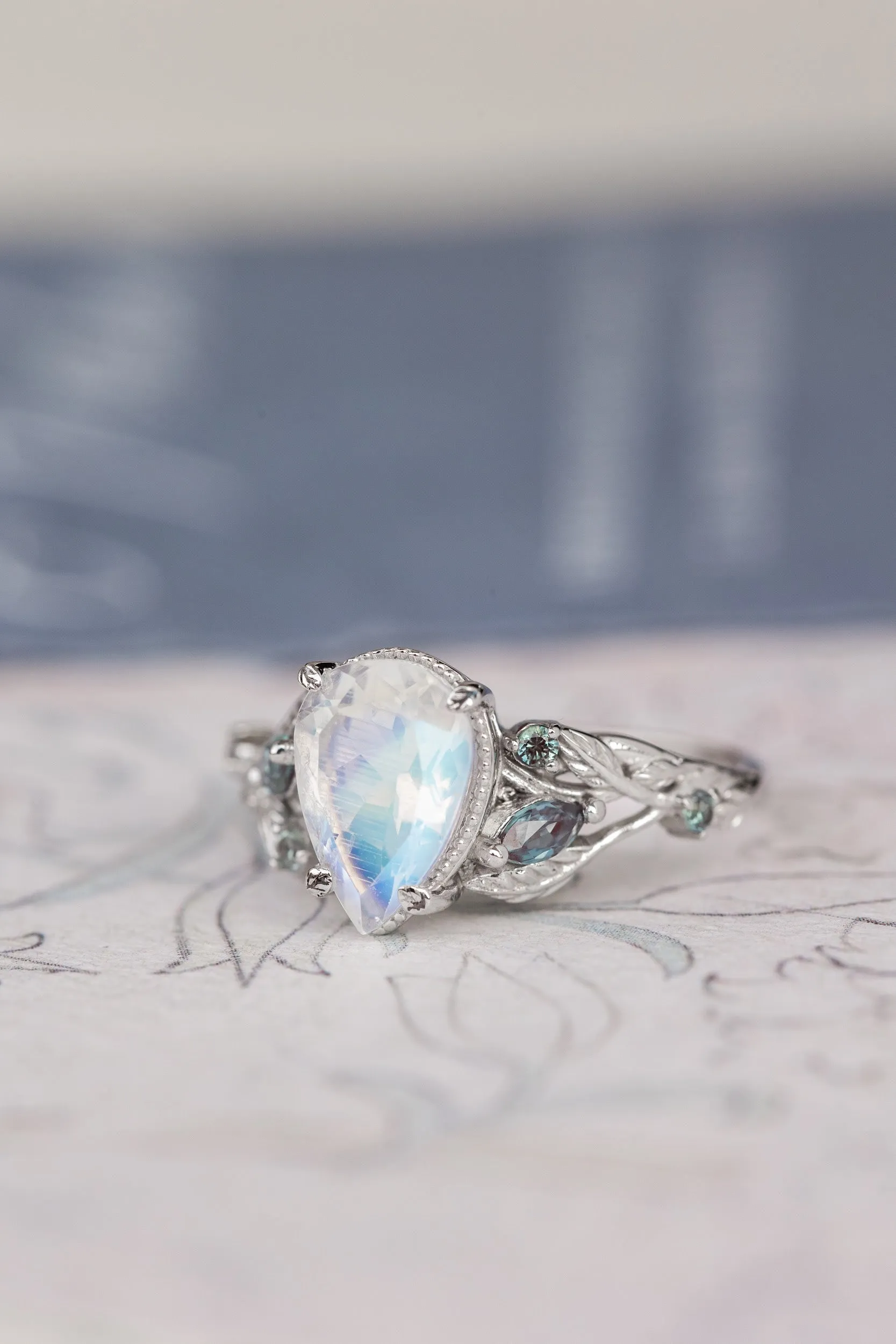 Natural moonstone and accent alexandrites engagement ring, vines and leaves white gold ring / Patricia