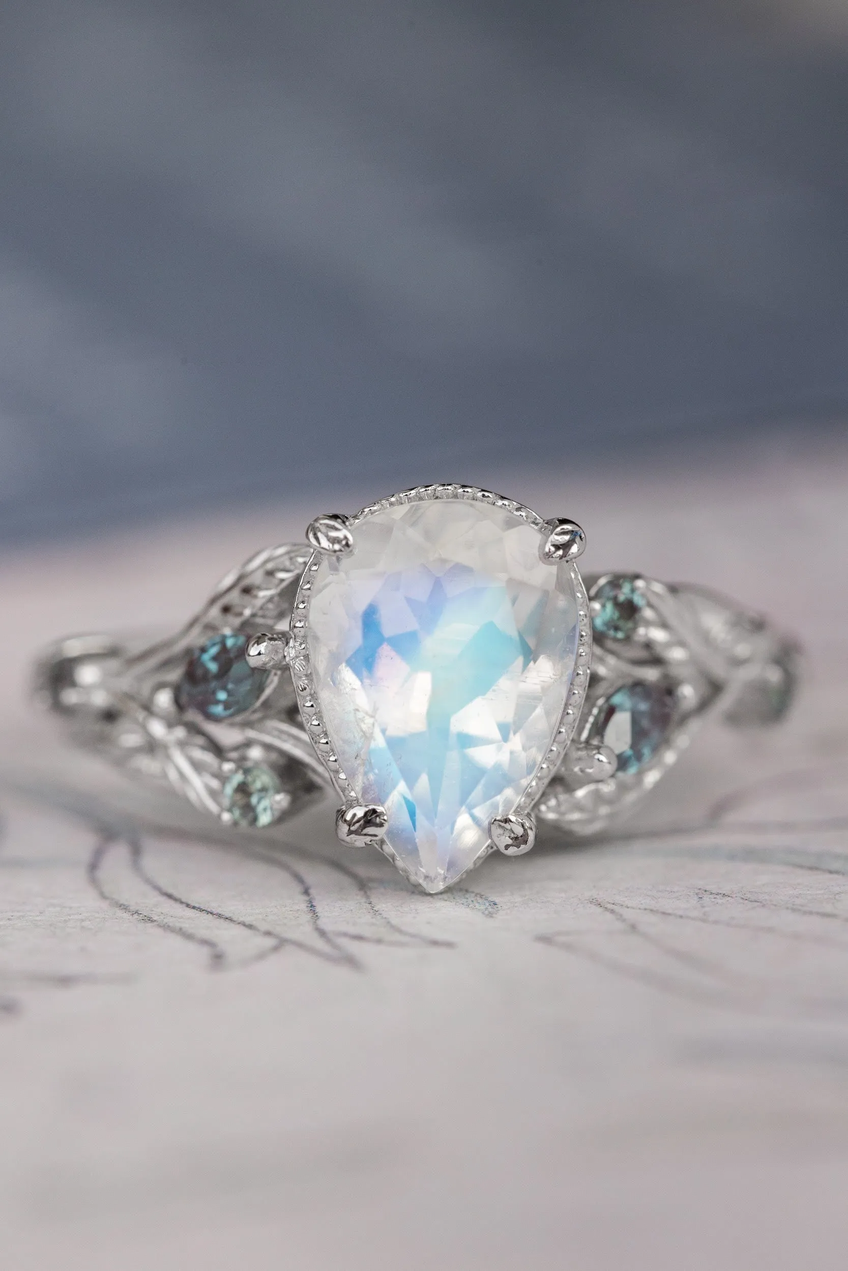 Natural moonstone and accent alexandrites engagement ring, vines and leaves white gold ring / Patricia