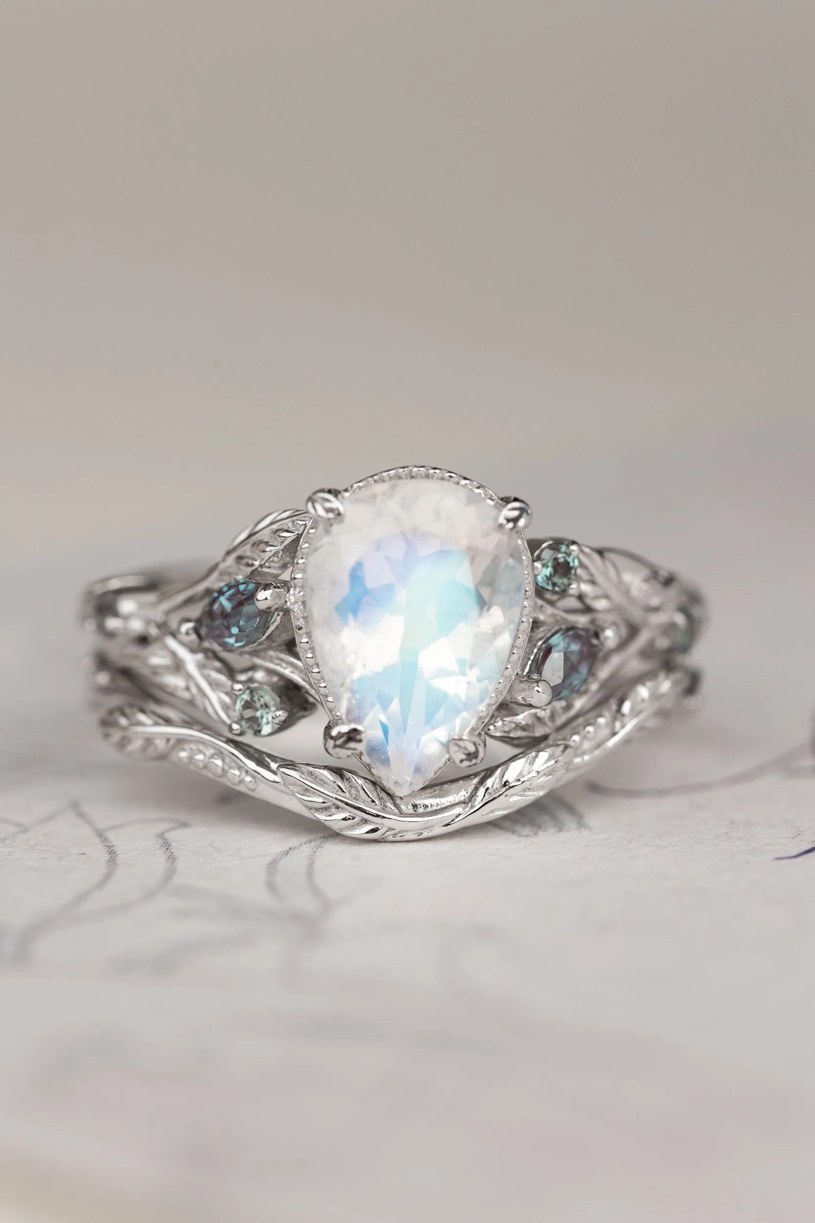 Natural moonstone and accent alexandrites engagement ring, vines and leaves white gold ring / Patricia