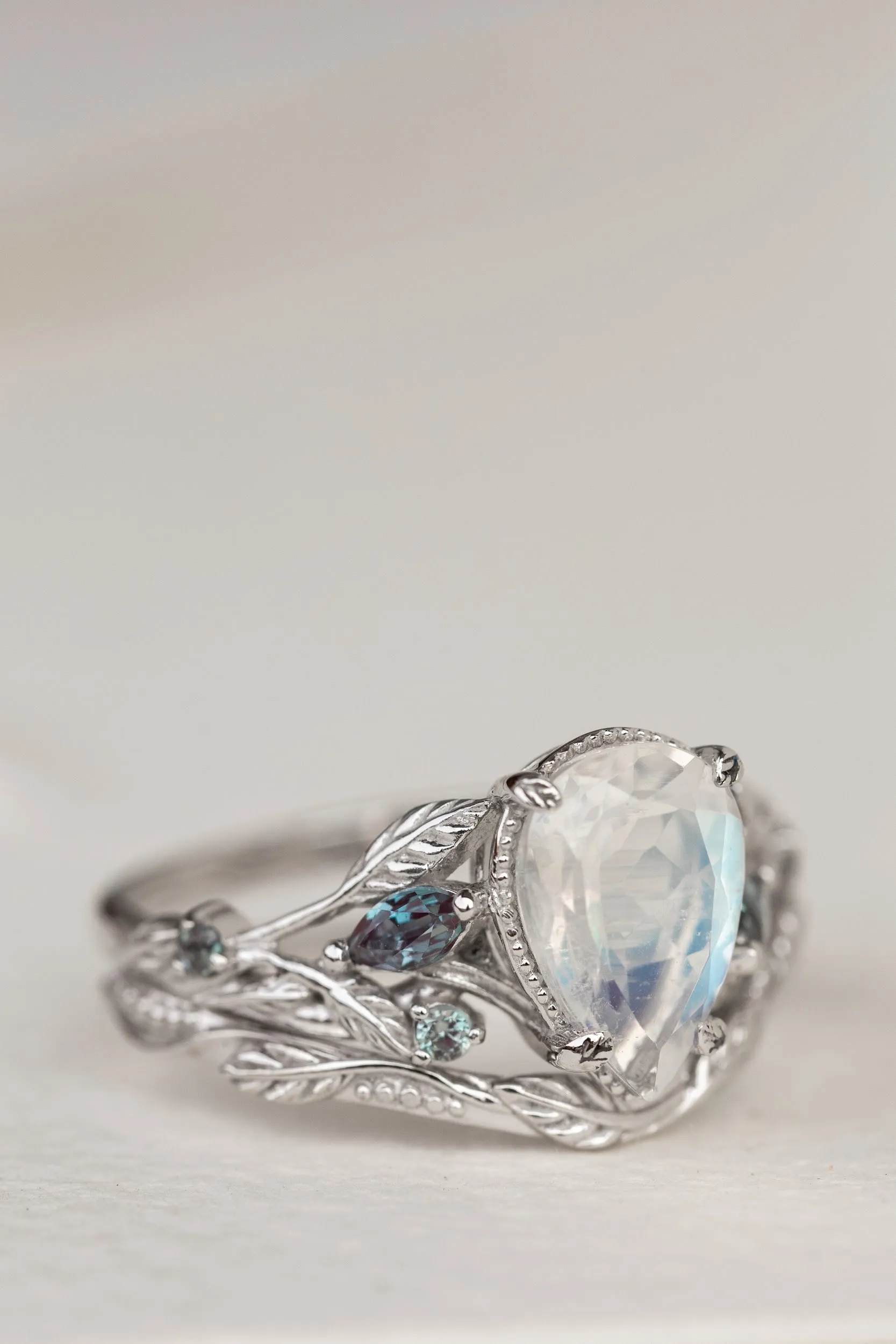 Natural moonstone and accent alexandrites engagement ring, vines and leaves white gold ring / Patricia