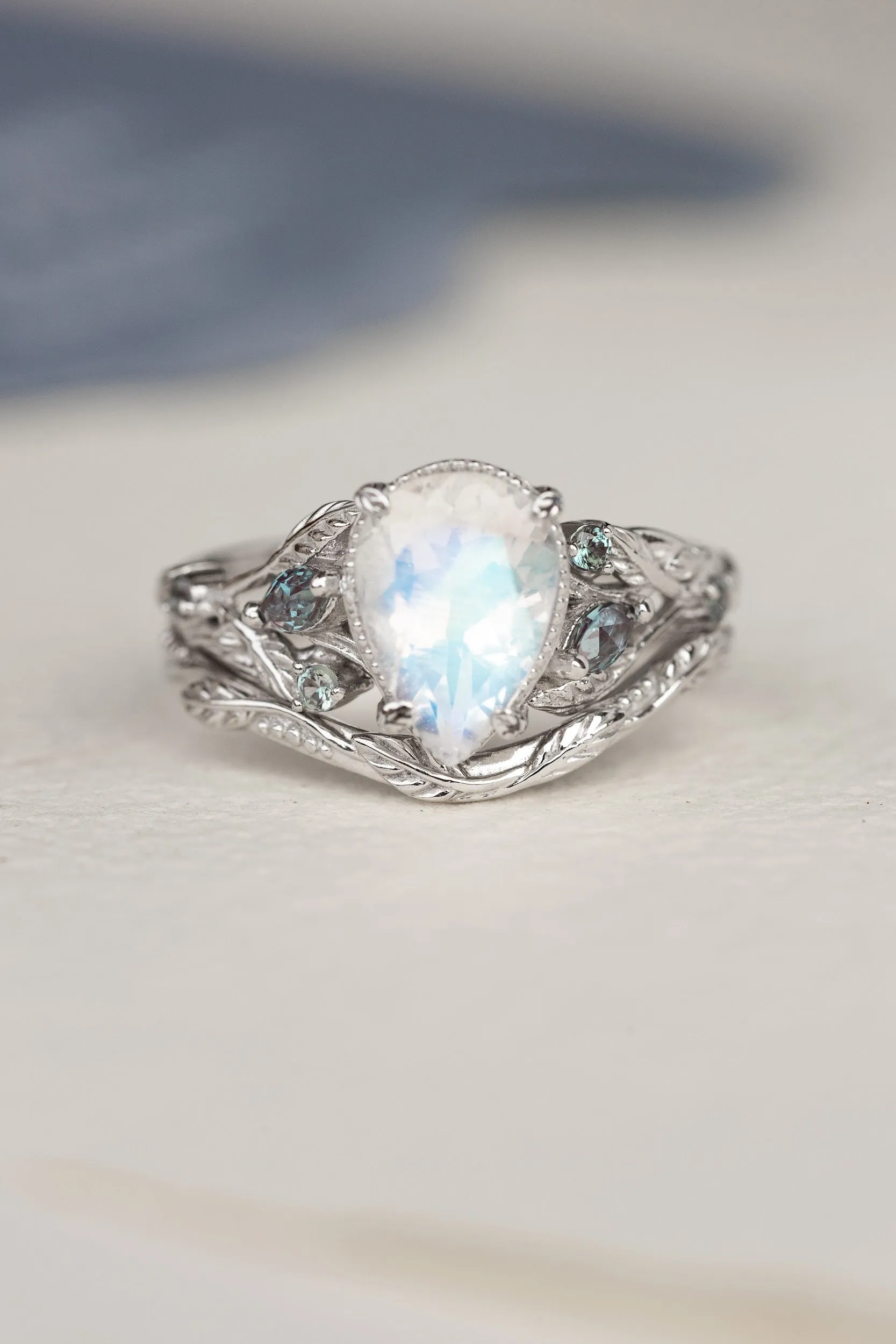 Natural moonstone and accent alexandrites engagement ring, vines and leaves white gold ring / Patricia