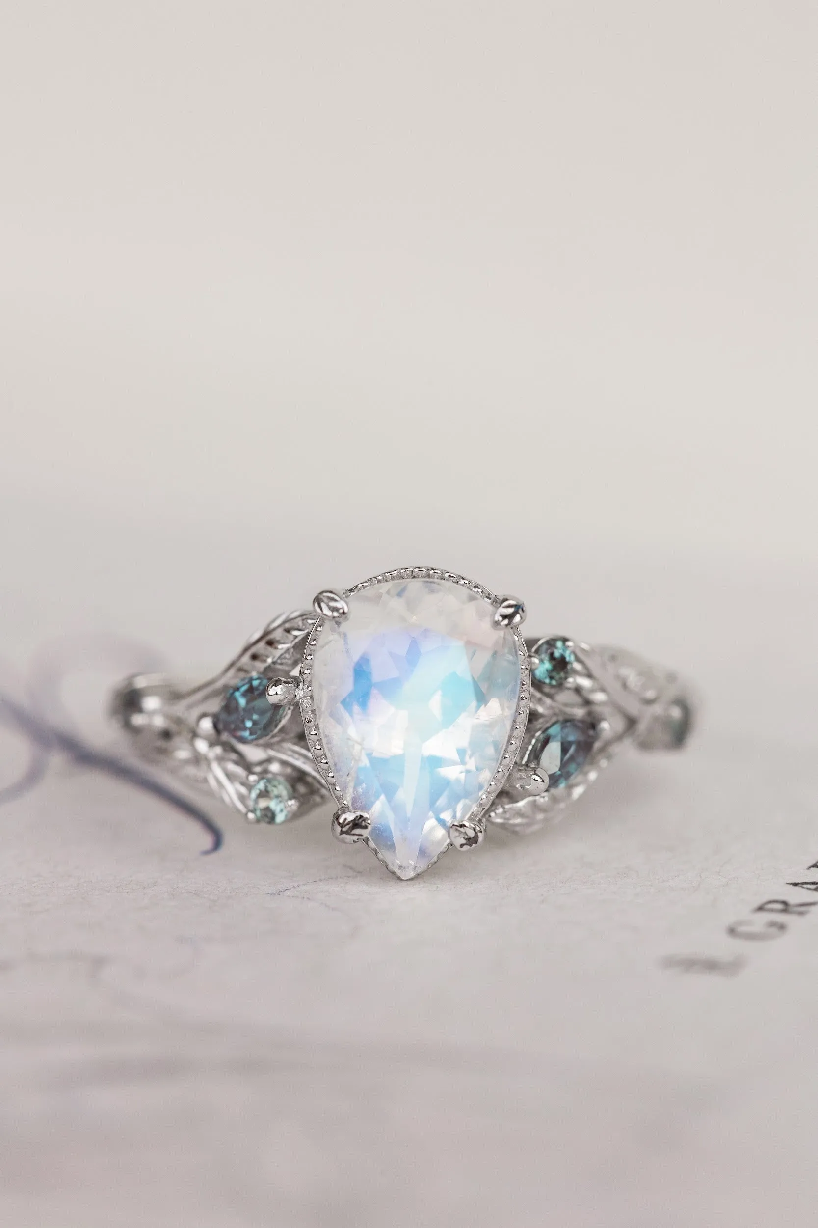 Natural moonstone and accent alexandrites engagement ring, vines and leaves white gold ring / Patricia