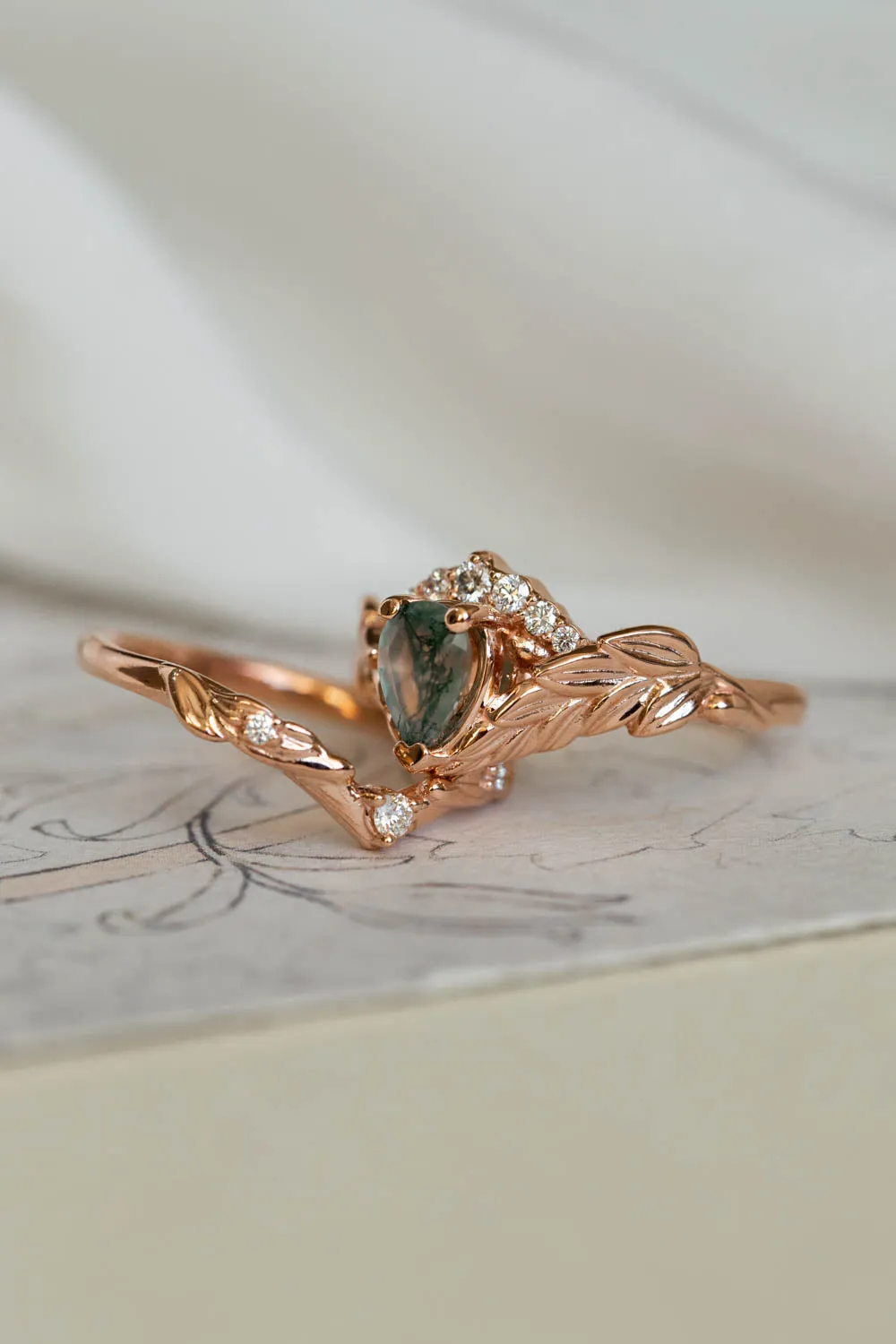 Natural moss agate rose gold engagement ring, crown shape ring with diamonds / Palmira Crown