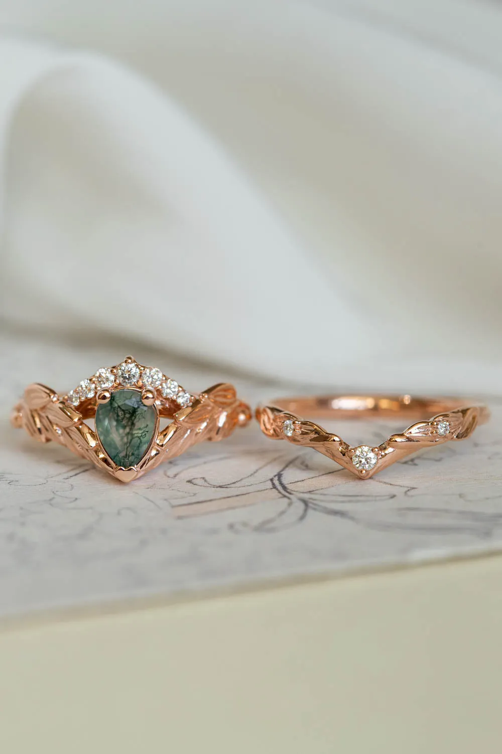 Natural moss agate rose gold engagement ring, crown shape ring with diamonds / Palmira Crown