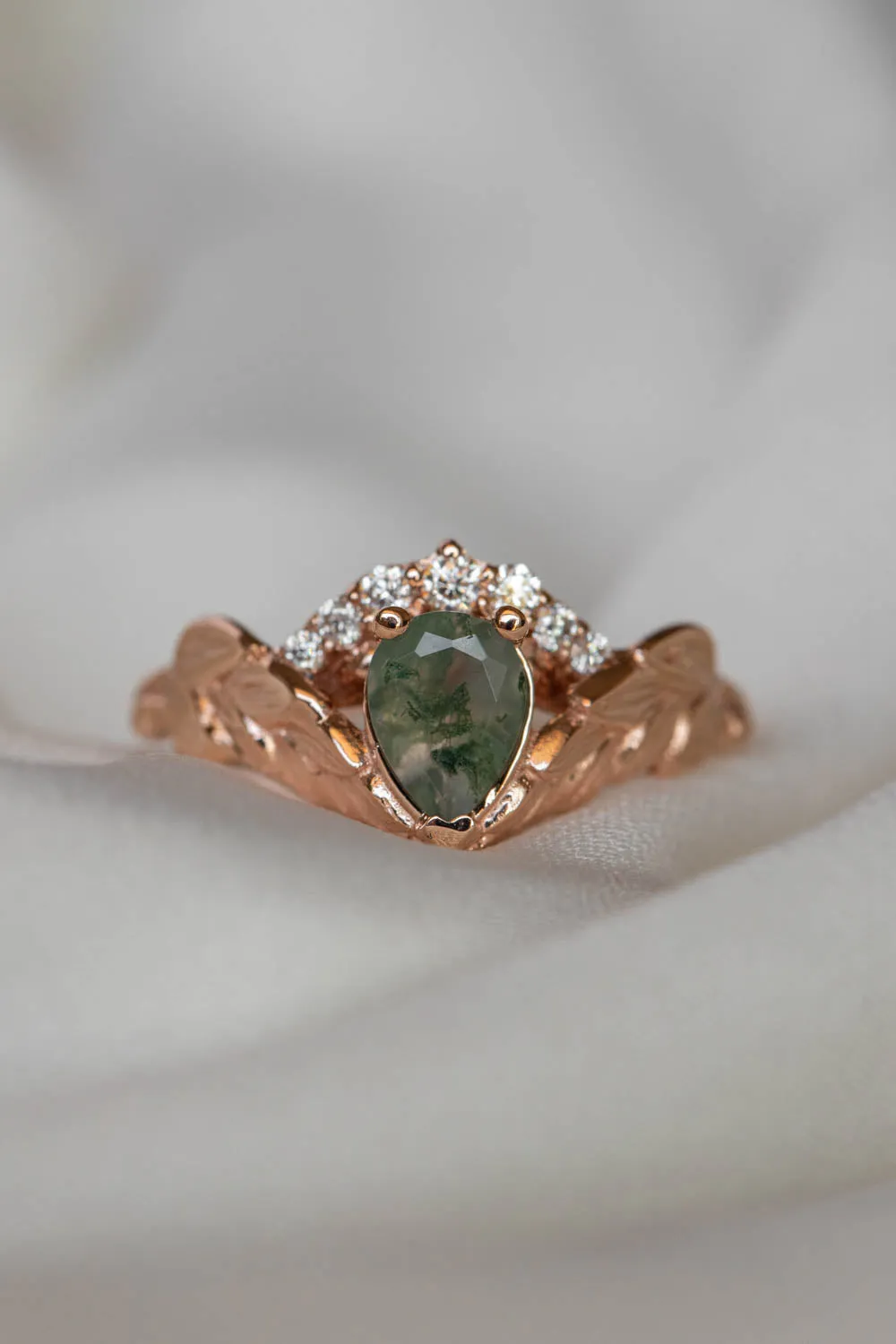 Natural moss agate rose gold engagement ring, crown shape ring with diamonds / Palmira Crown