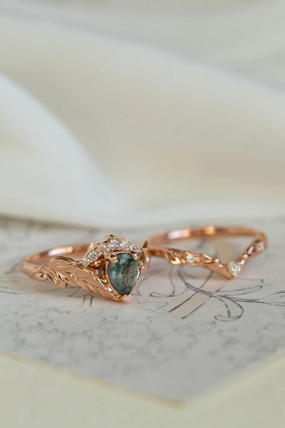 Natural moss agate rose gold engagement ring, crown shape ring with diamonds / Palmira Crown