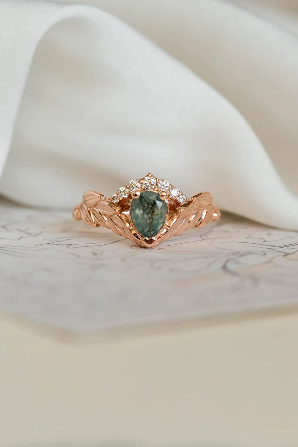 Natural moss agate rose gold engagement ring, crown shape ring with diamonds / Palmira Crown