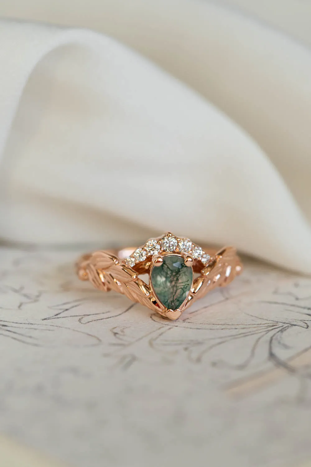 Natural moss agate rose gold engagement ring, crown shape ring with diamonds / Palmira Crown