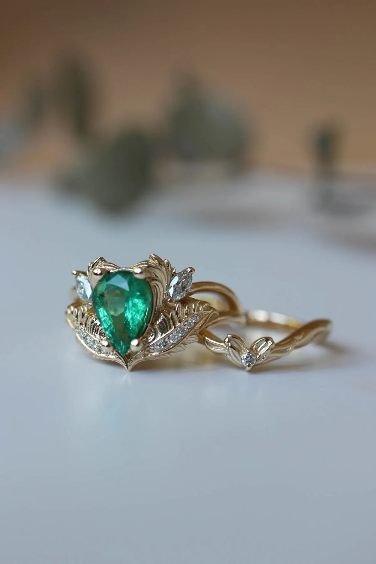 Nature inspired emerald engagement ring set / Adonis