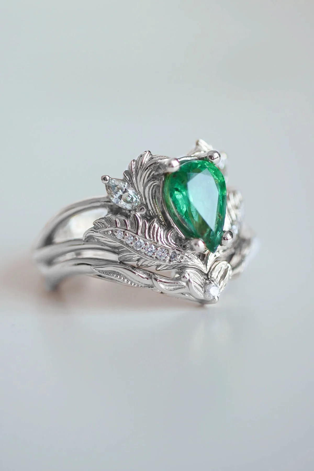 Nature inspired emerald engagement ring set / Adonis