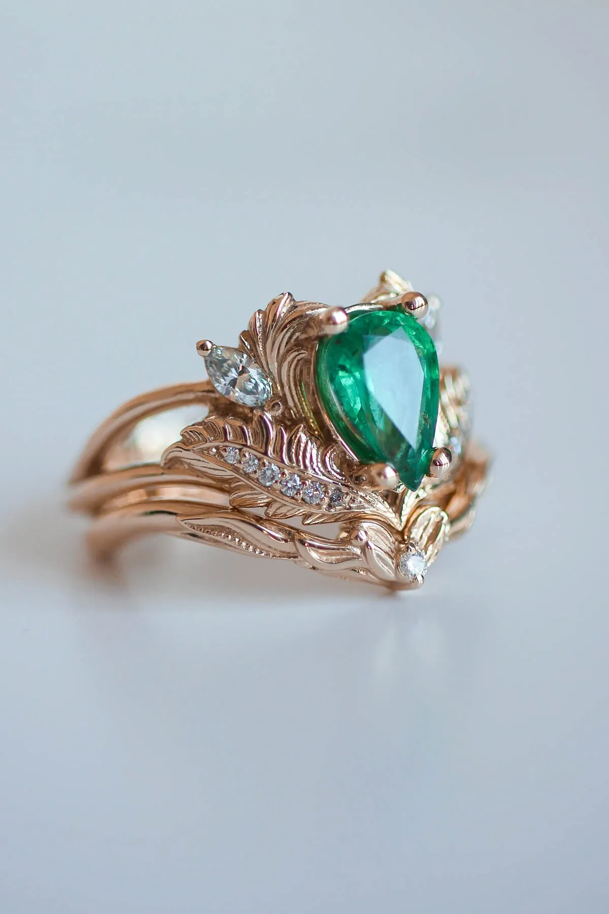 Nature inspired emerald engagement ring set / Adonis