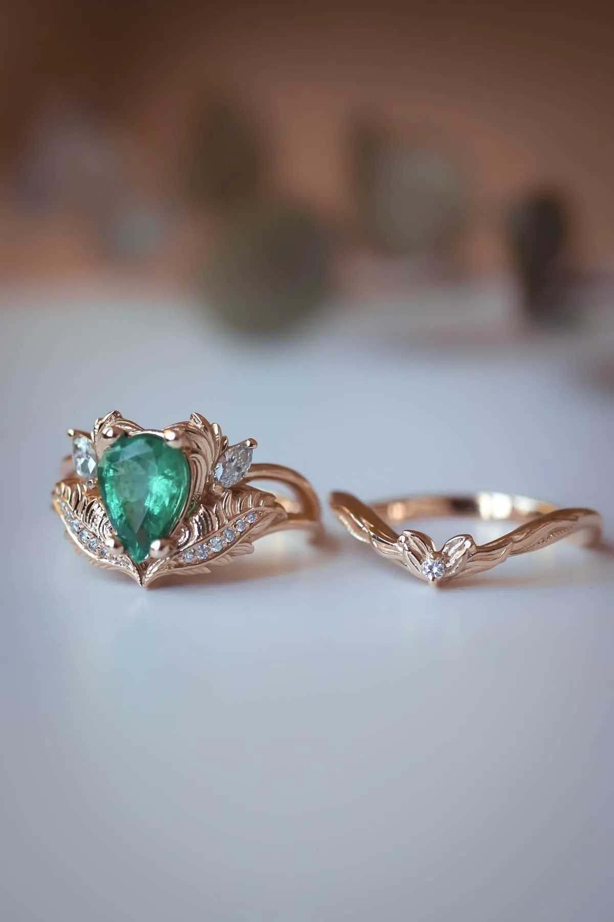 Nature inspired emerald engagement ring set / Adonis