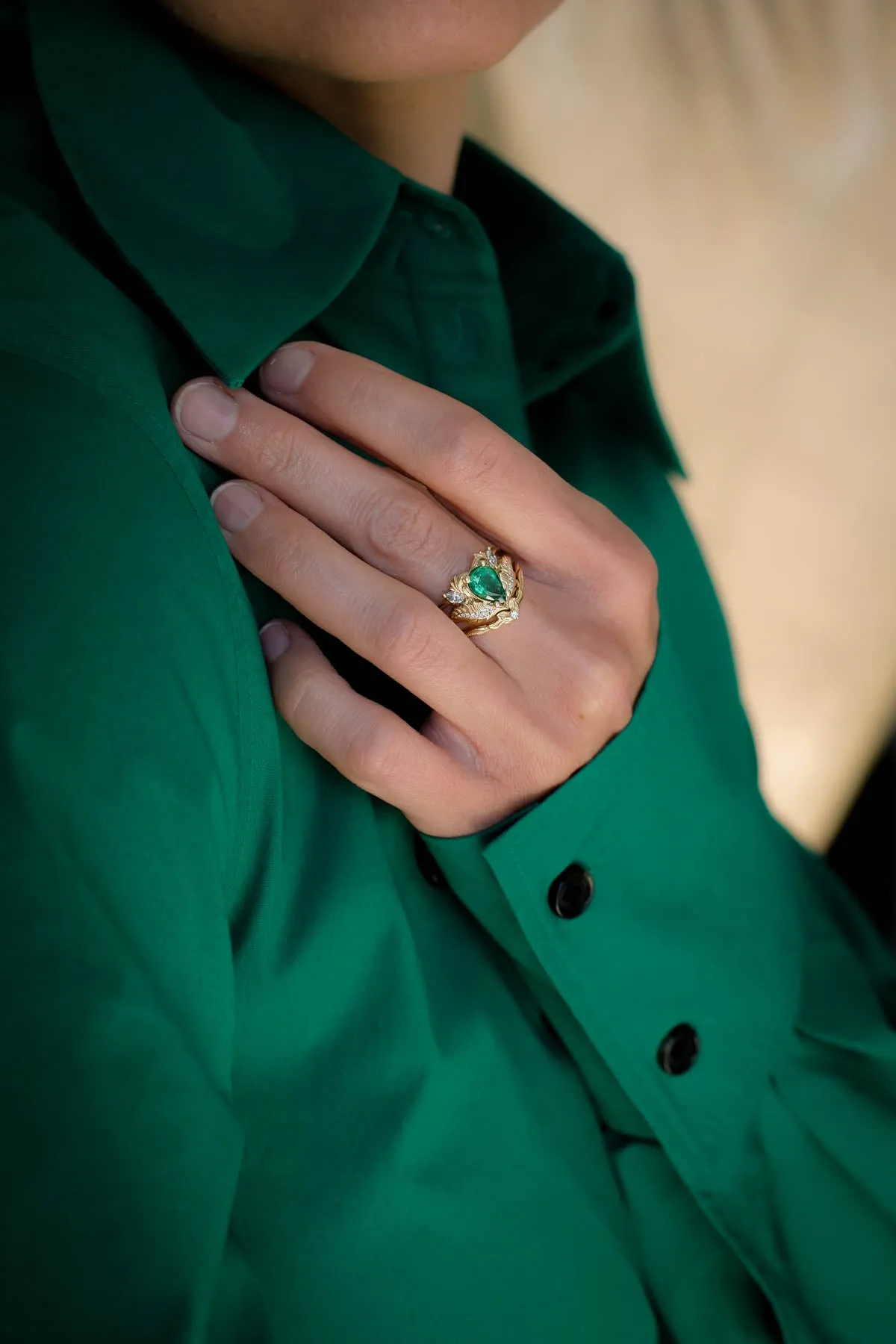 Nature inspired emerald engagement ring set / Adonis