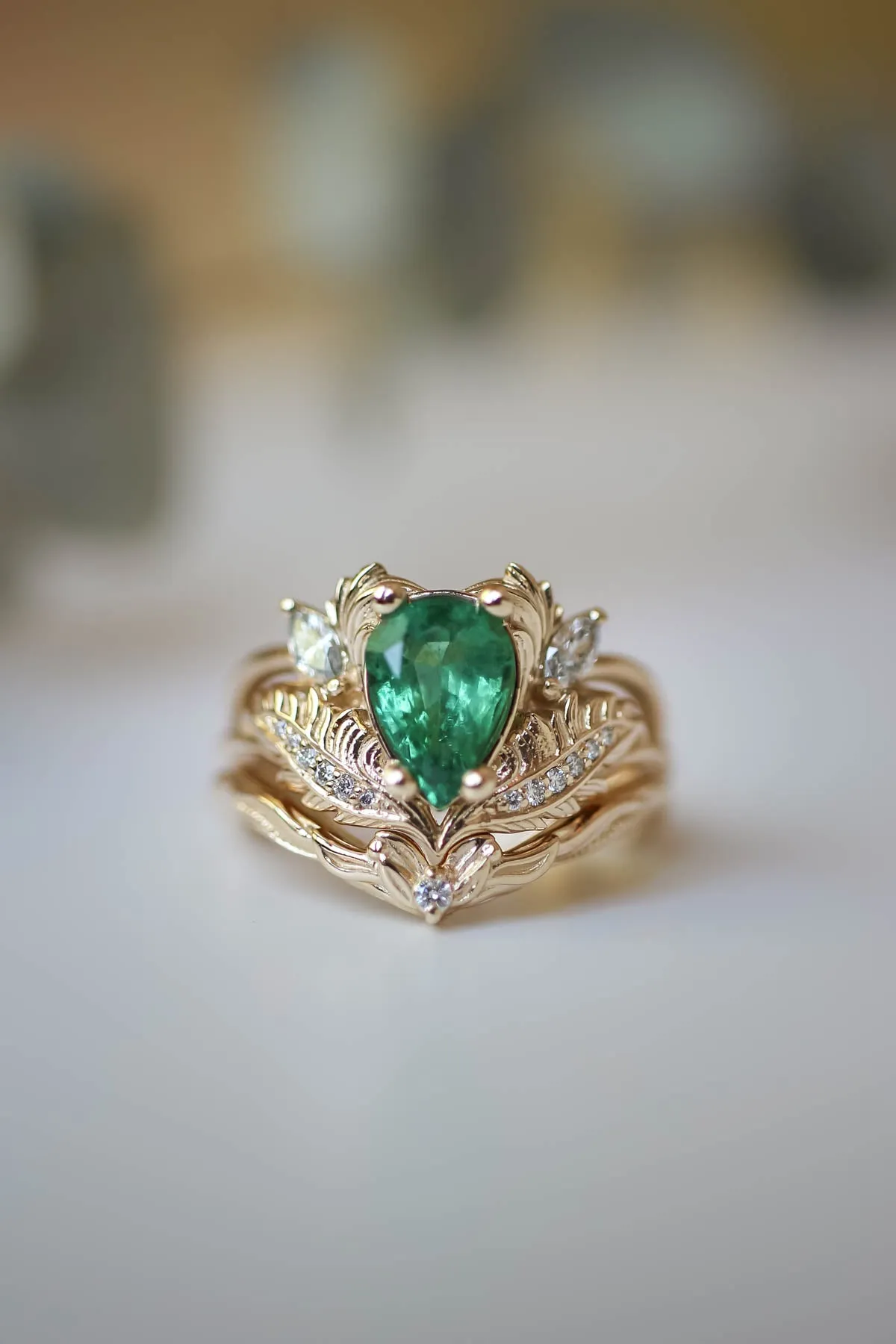 Nature inspired emerald engagement ring set / Adonis