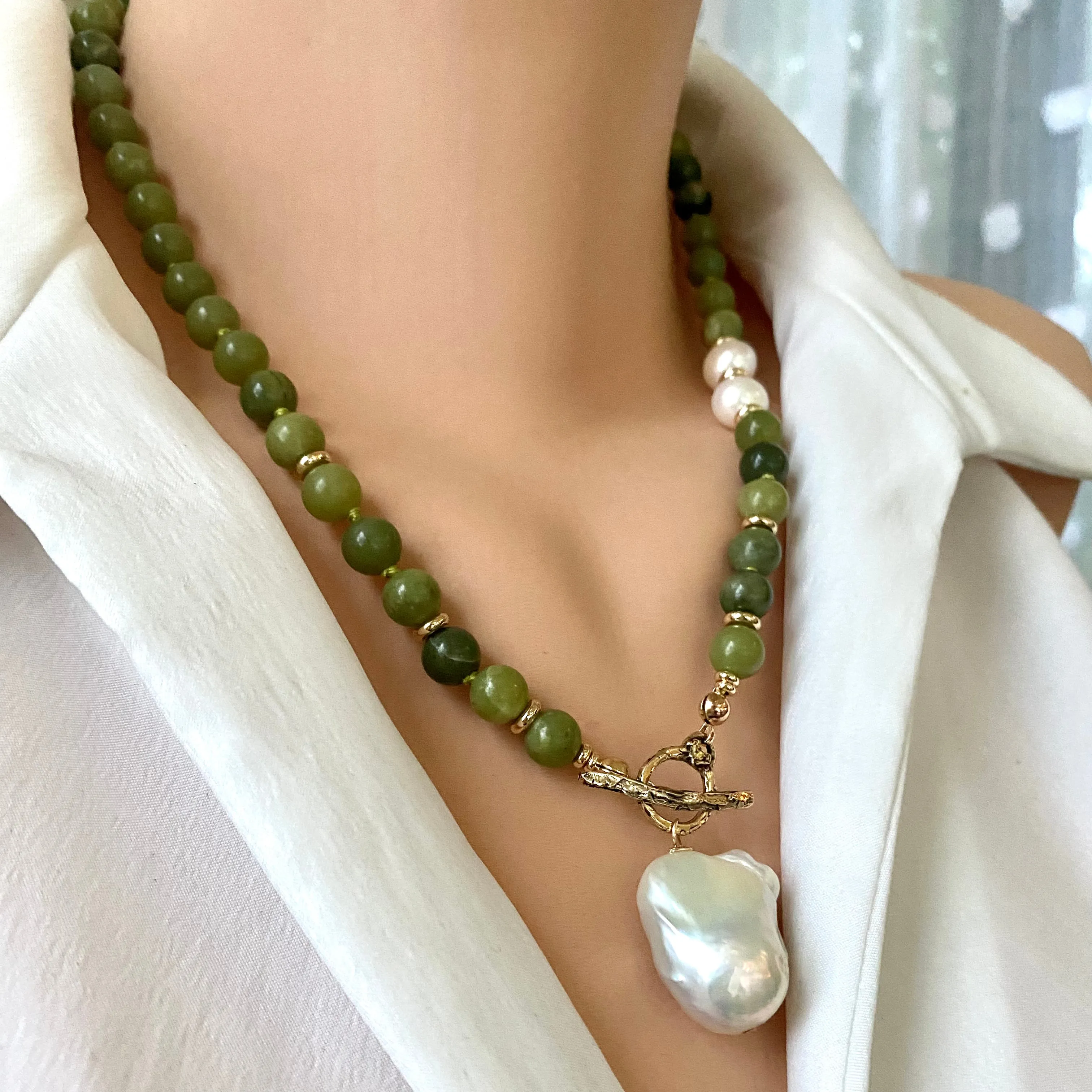 Olive Green Jade & Baroque Pearls Beaded Necklace, Gold Bronze, 20inches