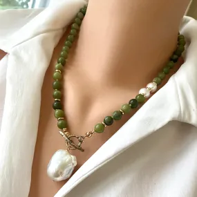 Olive Green Jade & Baroque Pearls Beaded Necklace, Gold Bronze, 20inches