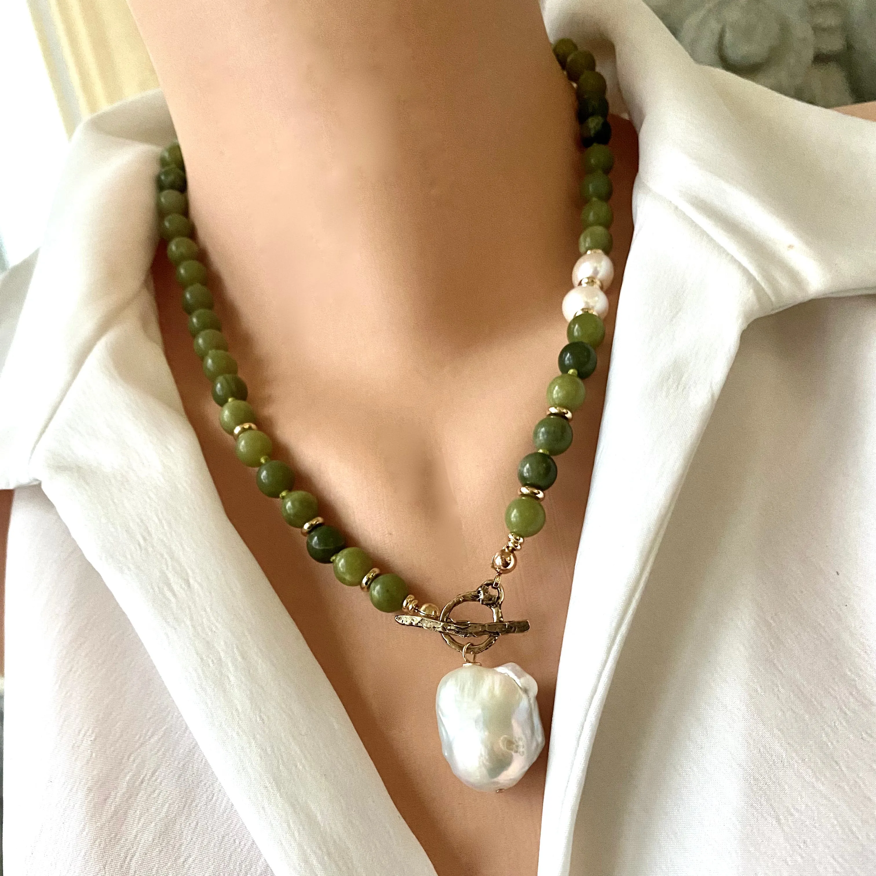 Olive Green Jade & Baroque Pearls Beaded Necklace, Gold Bronze, 20inches